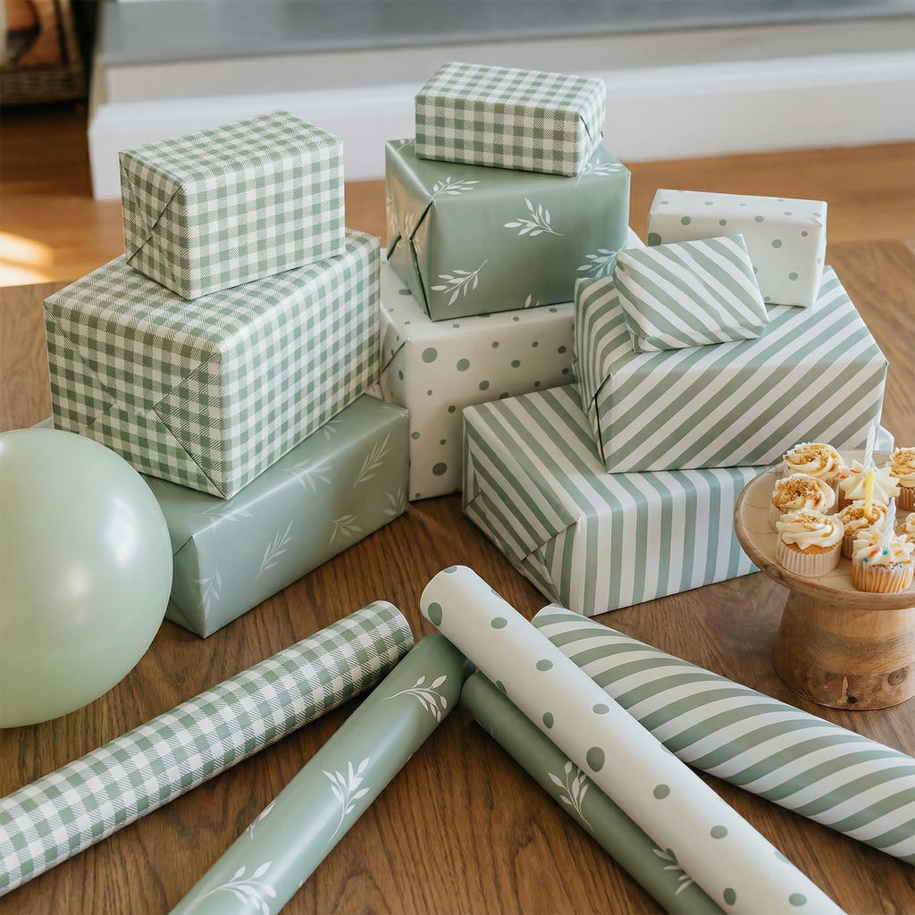 woric 4 Rolls Sage Green Wrapping Paper Neutral Wrapping Paper with Stripe Polka Dot Check Beige Leaves Design for Baby Shower Wedding Bridal Shower Graduation Birthday-17 x 120 in Per Roll