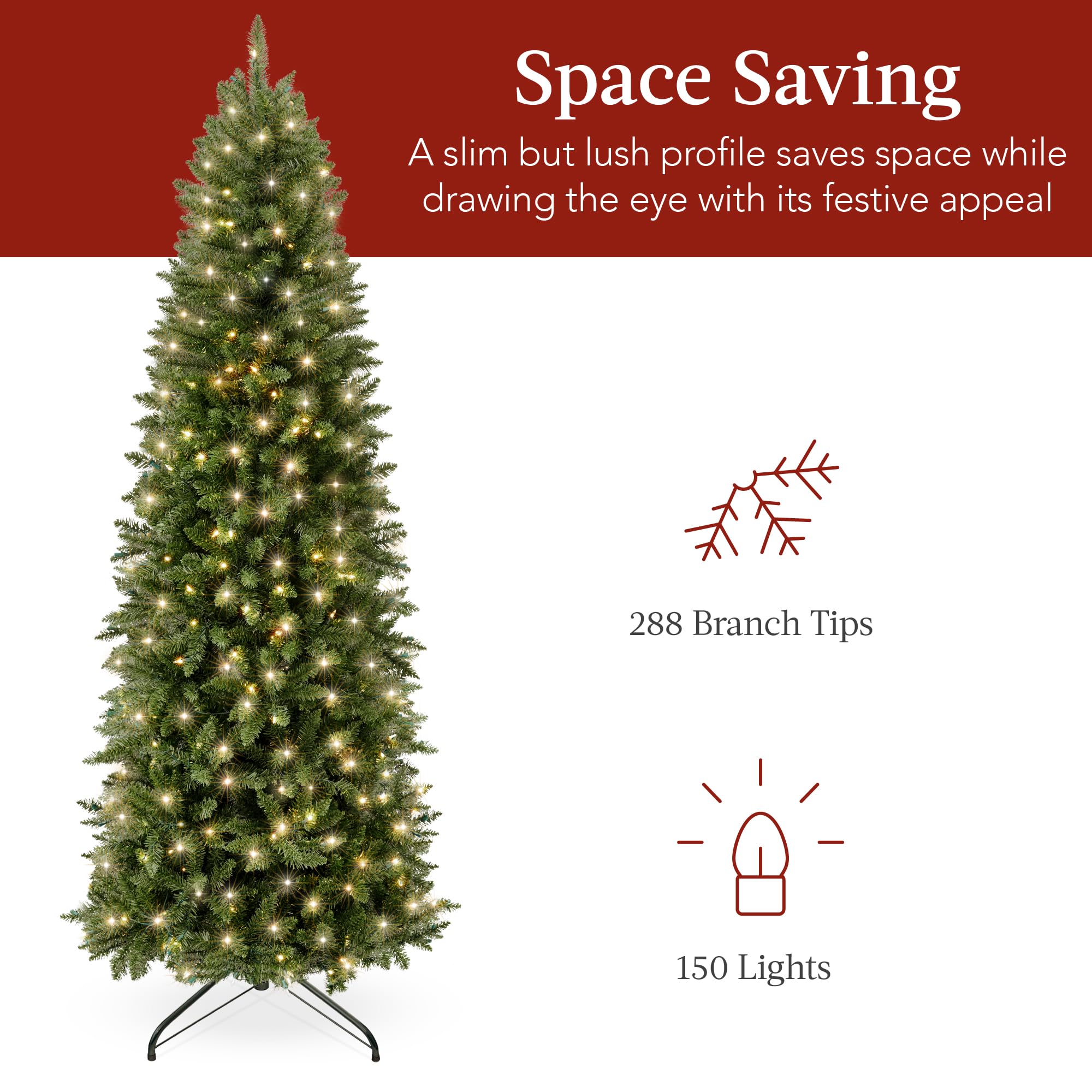 Best Choice Products Prelit Pencil Christmas Tree, 6ft Premium Artificial Tree, Realistic Lighted Spruce Holiday Decor w/Warm White Lights, Base