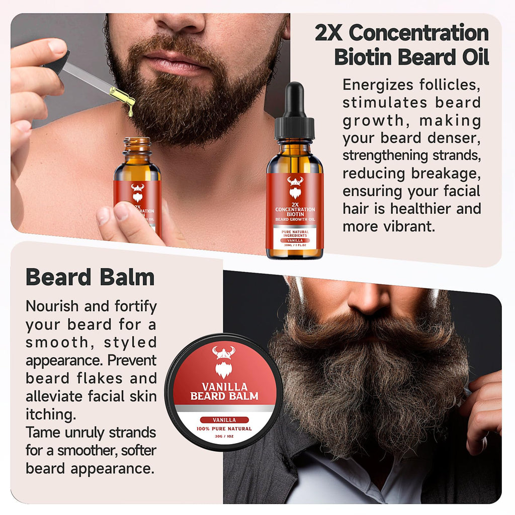 MistySprite Beard Growth Kit for Men, 2X Concentration Biotin Beard Oil & Styling Balm, Natural Facial Hair Conditioner with Argan, Jojoba & Vitamin E, Sandalwood Scent Softener