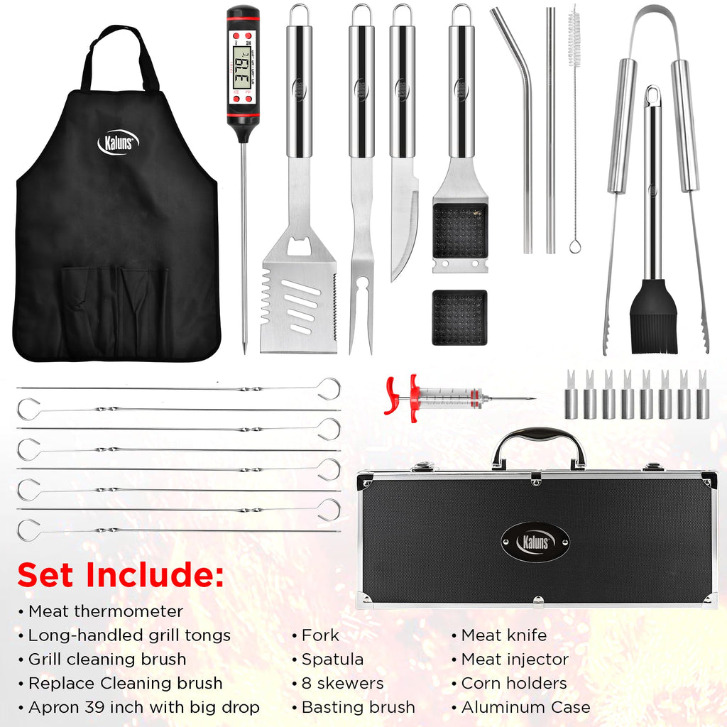 Kaluns Grilling Accessories, Dad Gifts for Fathers Day, Grilling Gifts, Heavy Duty Stainless Steel BBQ Tool Set for Outdoor Grill with Aluminum Case and Apron, Birthday Gifts for Men Women