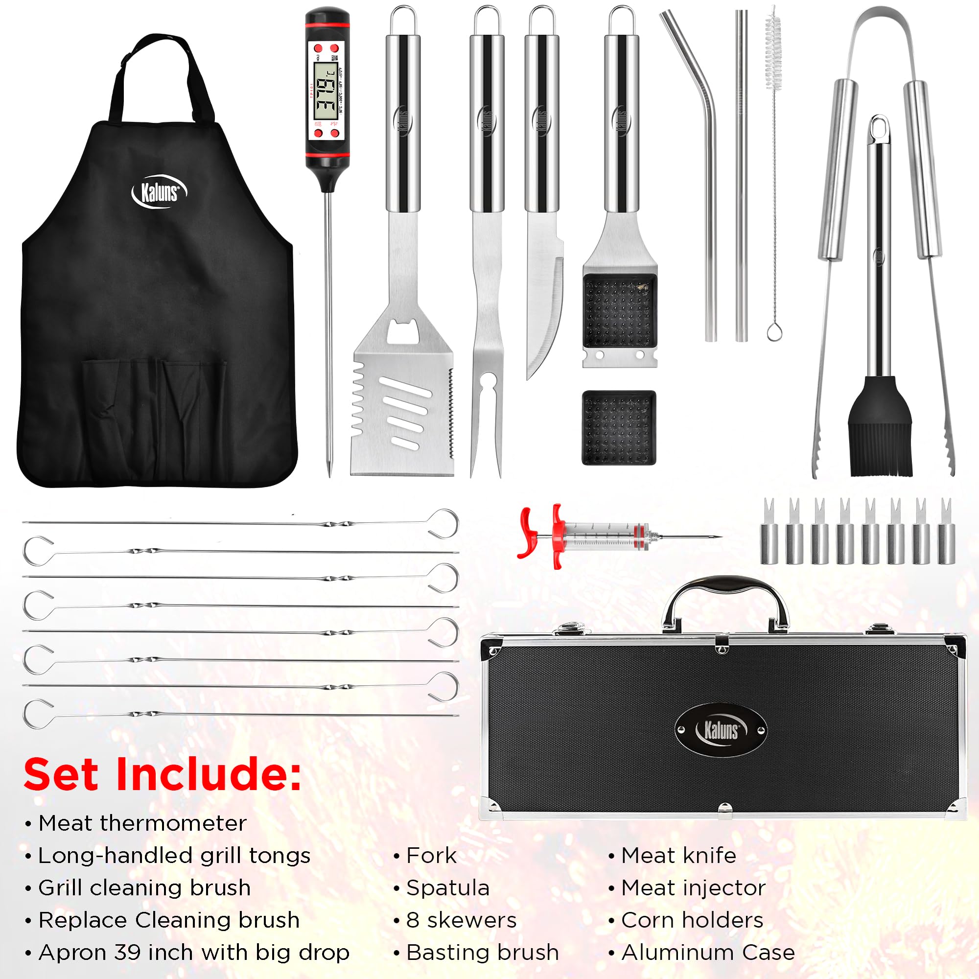 Kaluns Grilling Accessories, Dad Gifts for Fathers Day, Grilling Gifts, Heavy Duty Stainless Steel BBQ Tool Set for Outdoor Grill with Aluminum Case and Apron, Birthday Gifts for Men Women