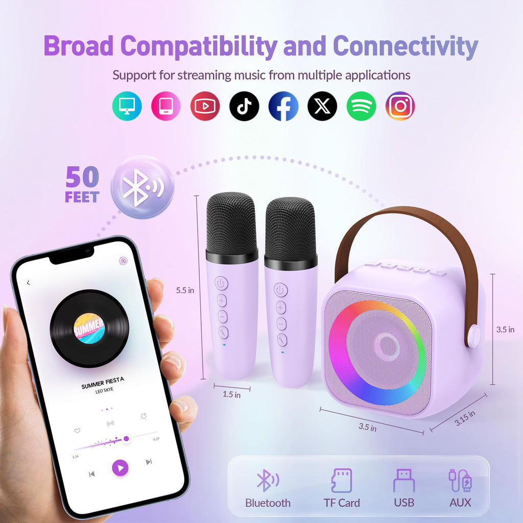 Mini Karaoke Machine, Portable Bluetooth Karaoke Speaker with 2 Wireless Microphones and Party Lights for Kids and Adults, Birthday Gifts for Girls Boys Family Home Party