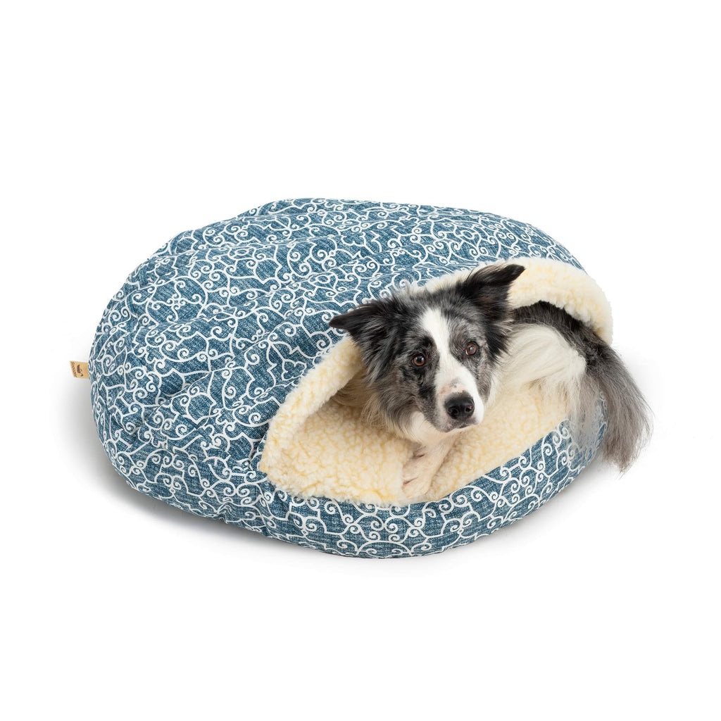 Snoozer Cozy Cave Dog Bed - Indoor Dog Bed with Cover Cave, Covered Calming Burrow for Small Sized Pets with Blanket Attached, Enclosed, Removable Washable Cover - Small, Navy