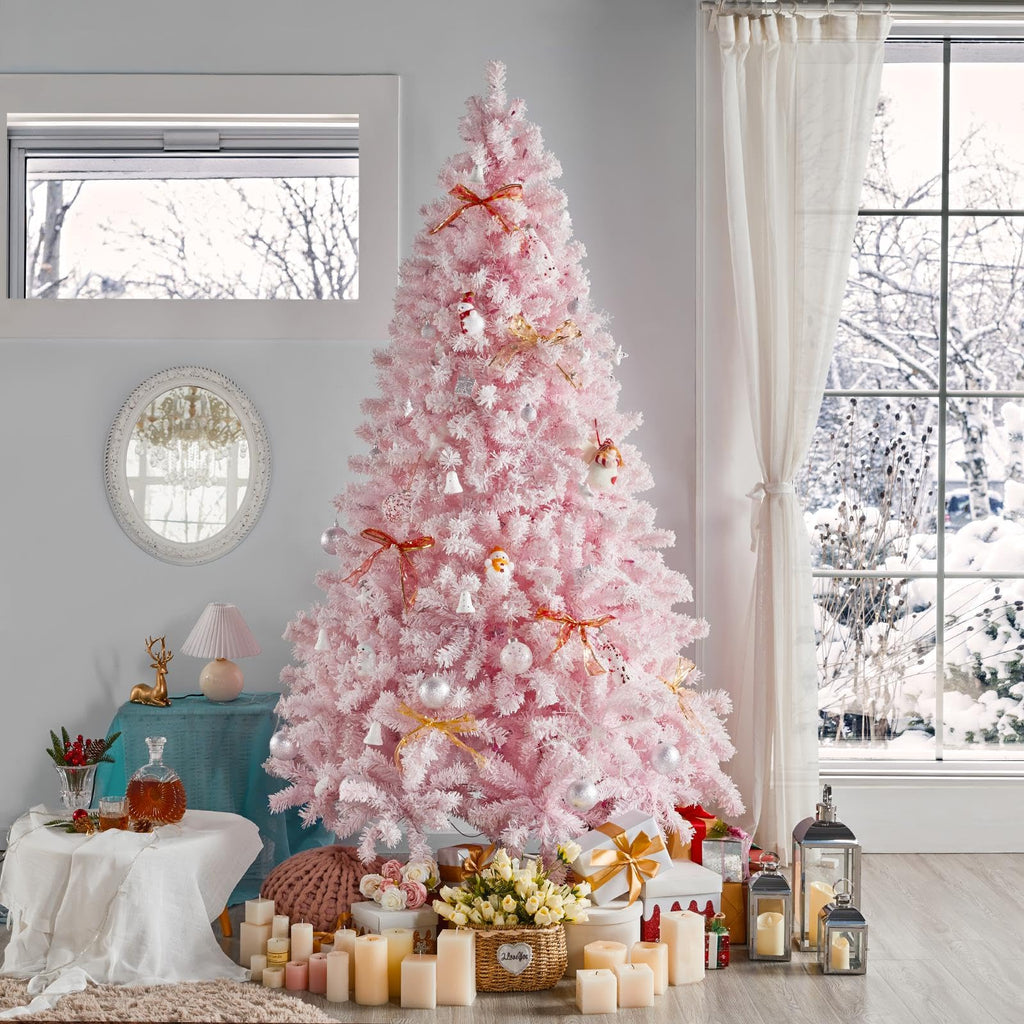 Yaheetech 6ft Snow Flocked Pre-lit Christmas Tree with 250 Warm White Lights, 820 Lush Branch Tips & Quick-Assembly Hinged Design, Full Artificial Xmas Tree for Winter Holiday Décor, Green & White