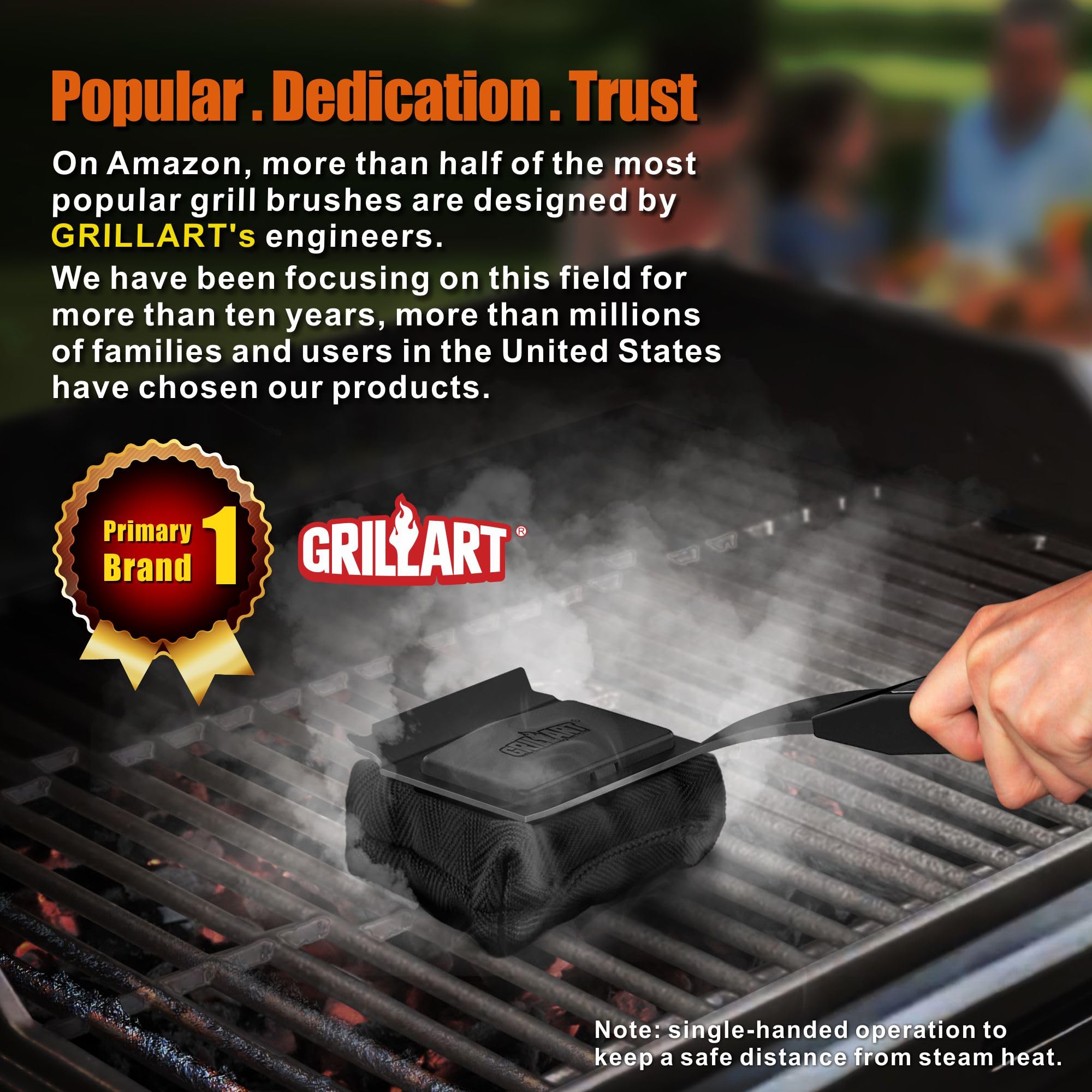 GRILLART Grill Brush Bristle Free. SteamWizards BBQ Replaceable Cleaning Head, Unique Seamless-Fit Scraper Tool for Cast Iron/Stainless-Steel Grates, Safe Barbecue Grill Cleaner-Red