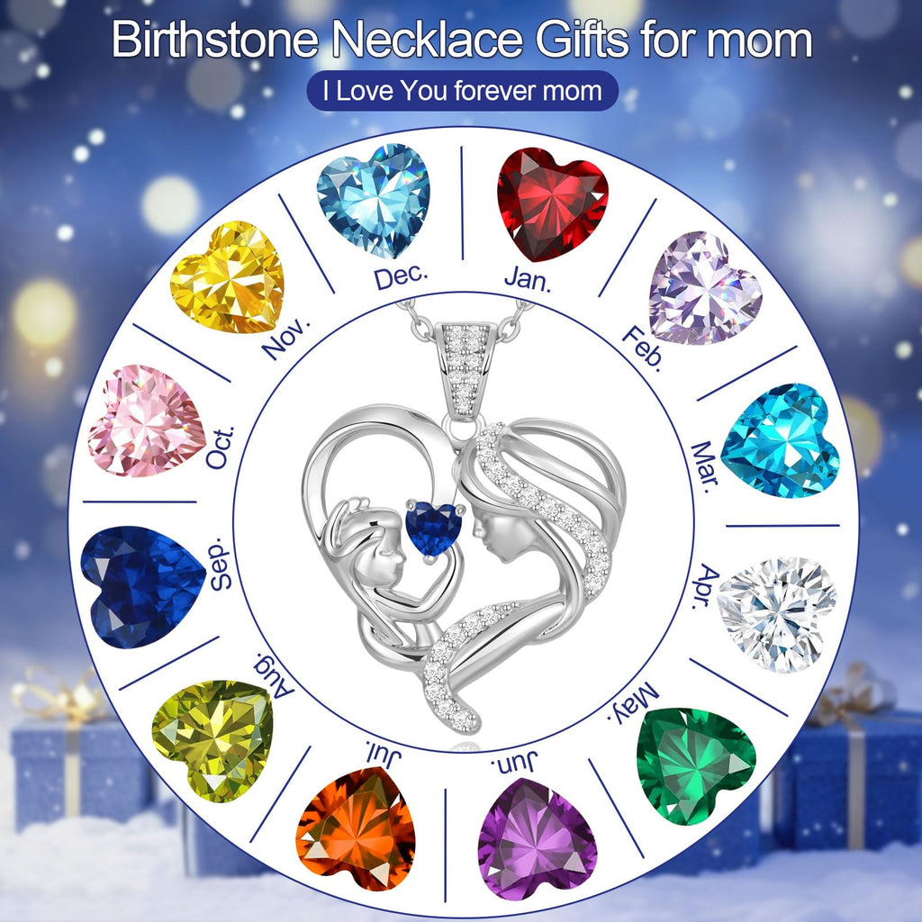Mothers Day Gifts for Mom Wife Her Grandma, S925 Sterling Silver Birthstone Necklaces Jewelry for Women, Mother's Day Love Heart Pendant Necklace for Anniversary Birthday Christmas Day
