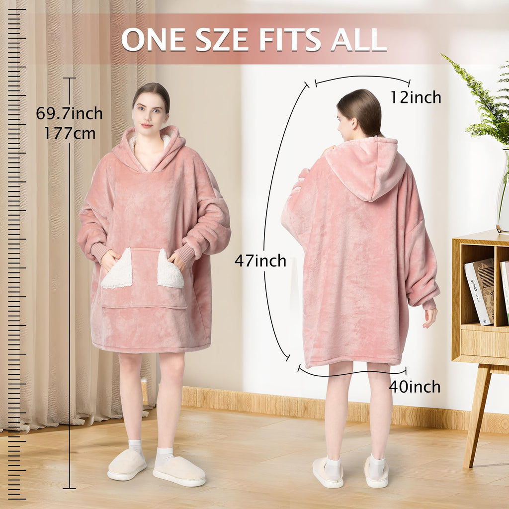 Touchat Wearable Blanket Hoodie, Oversized Sherpa Fleece Sweatshirt Blanket with Giant Hood Pocket and Sleeves for Adult, Warm & Cozy Grey Blanket Gifts for Women