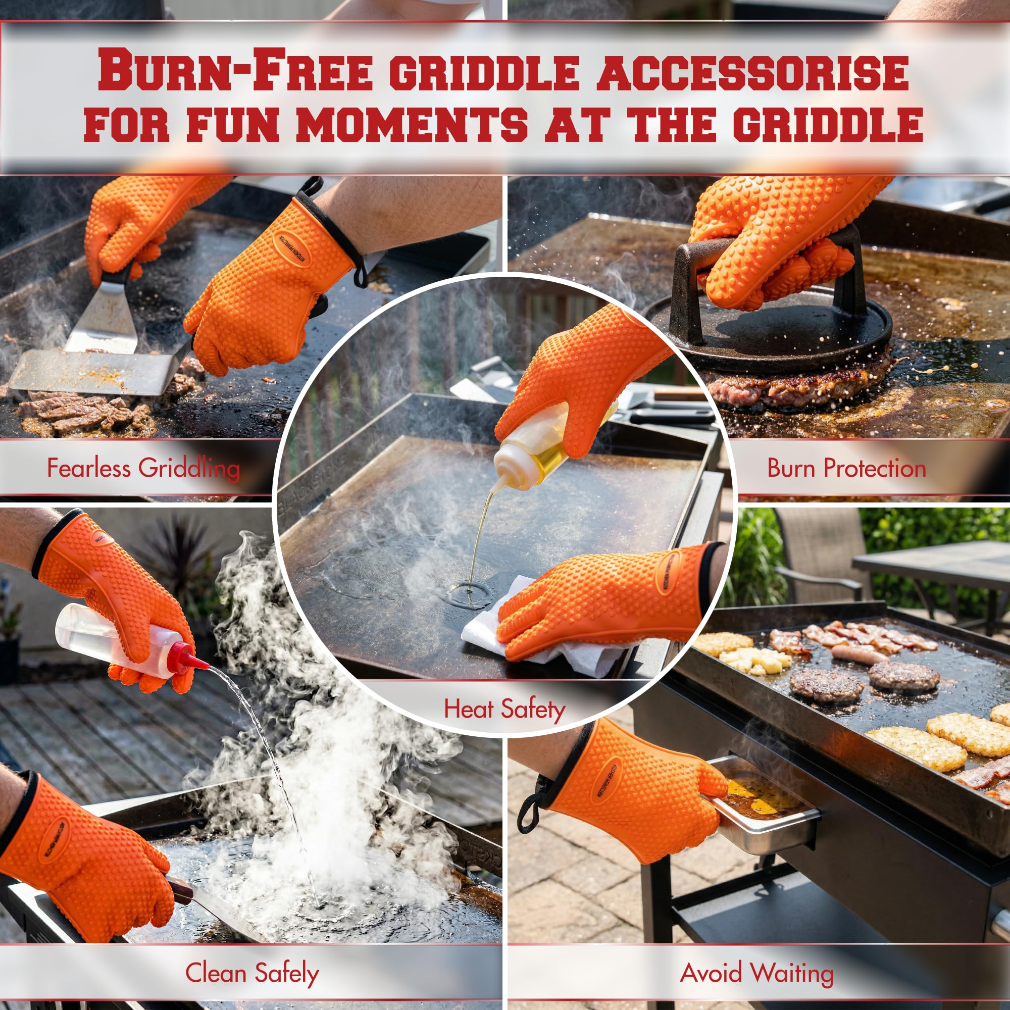 KITCHEN PERFECTION Silicone Oven & Griddle Gloves -Extreme Heat Resistant BBQ & Grilling Gloves -Handle Hot Food Right on Your Griddle |Waterproof Oven Mitts Grill Gloves |Superior Set+3 Bonuses