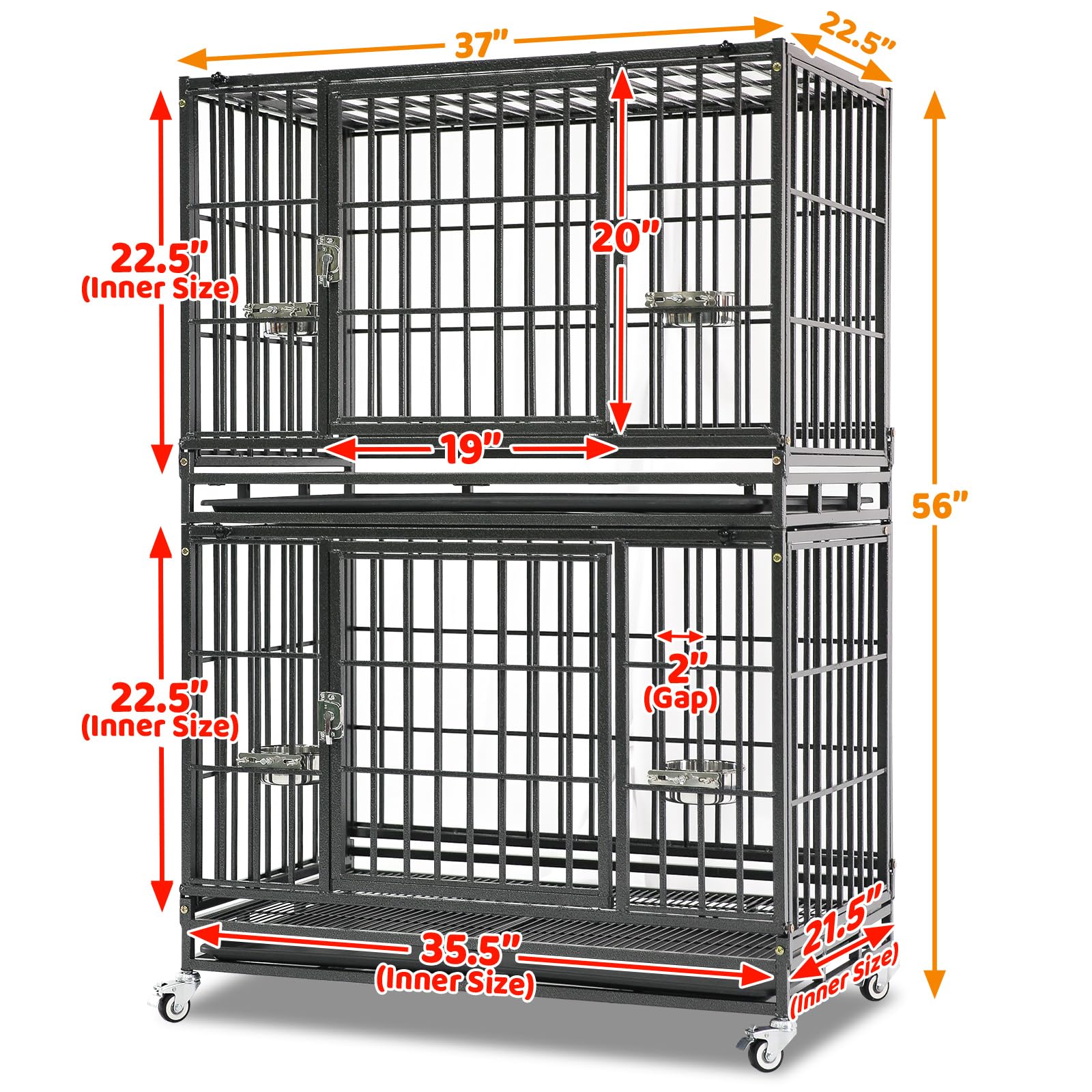 Homey Pet 37 Inch Heavy Duty Dog Crate for Medium Dogs, Stackable Dog Cage with Four Lockable Wheels, Removable Tray & Grid, Open Top, Escape Proof Dog Kennel Indoor