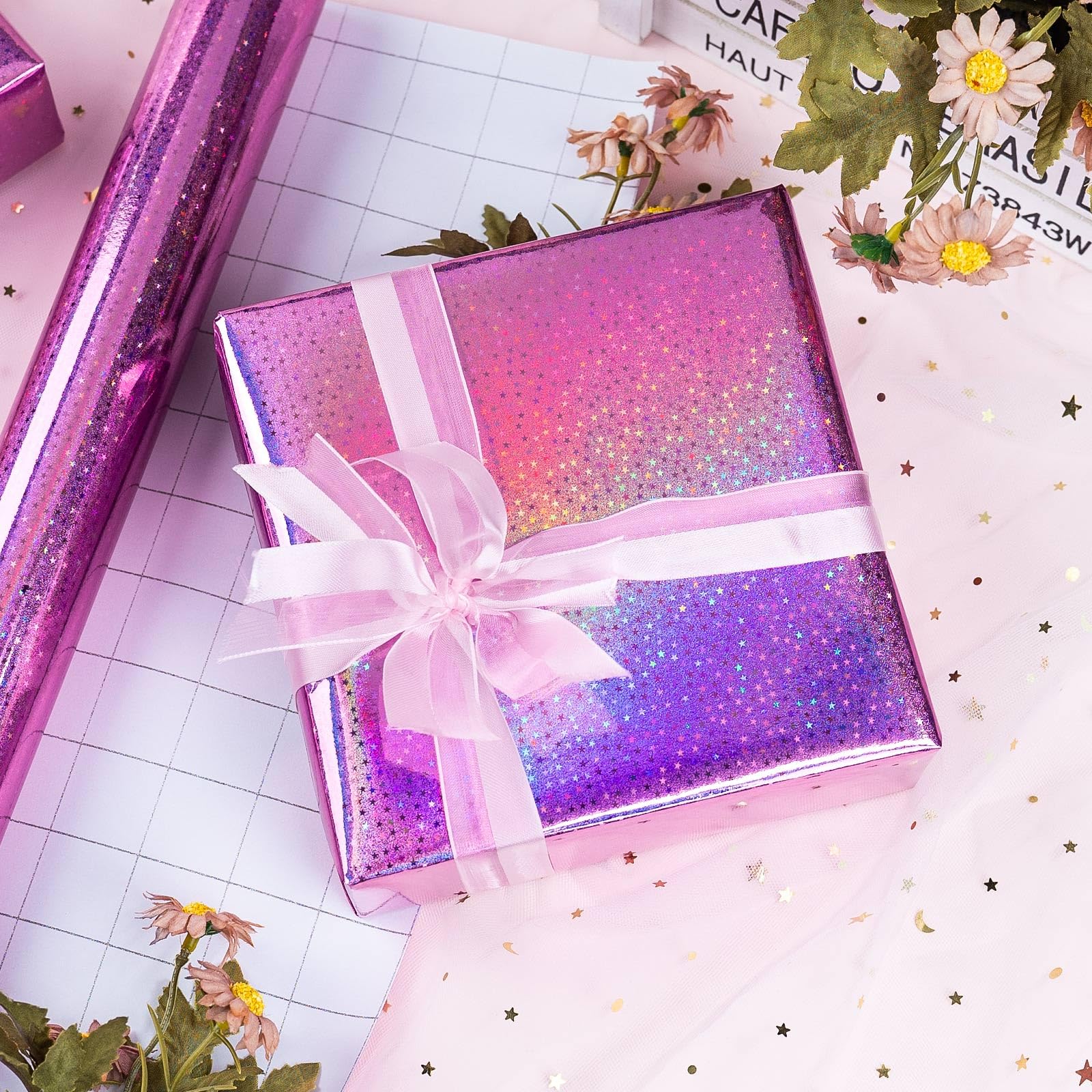 Burymento Black Wrapping Paper Roll, Metallic Holographic Stripe Gift Wrap for Birthday, Valentines, Mothers day, Graduation, Wedding, Fathers day, Baby Shower, Christmas (17 IN x 32.8 FT)