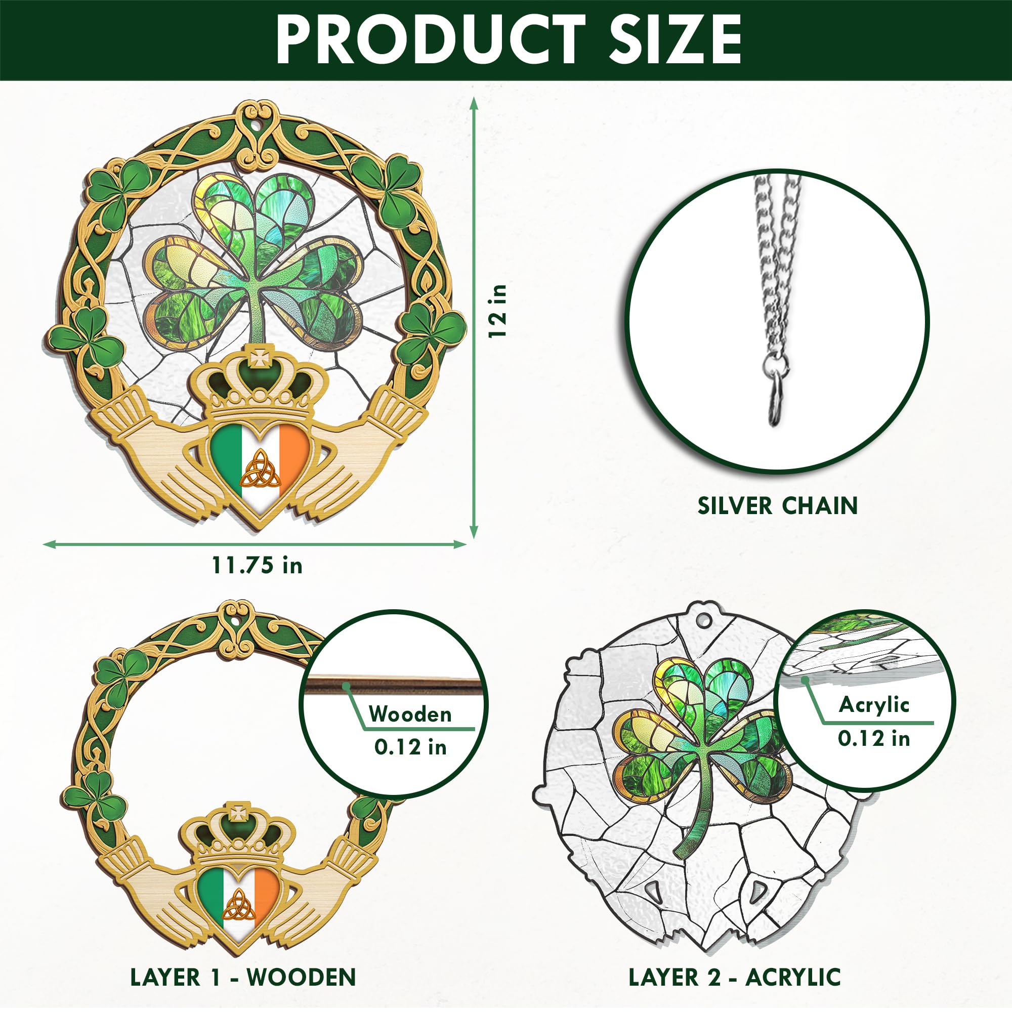 FLAGWIX St Patricks Day Decorations - Hanging Suncatcher 6 in, Shamrock St Patricks Day Decorations, Irish Suncatcher for Home Garden Decor - Irish Gifts for Women Men, Spiritual Gifts for Mom Grandma