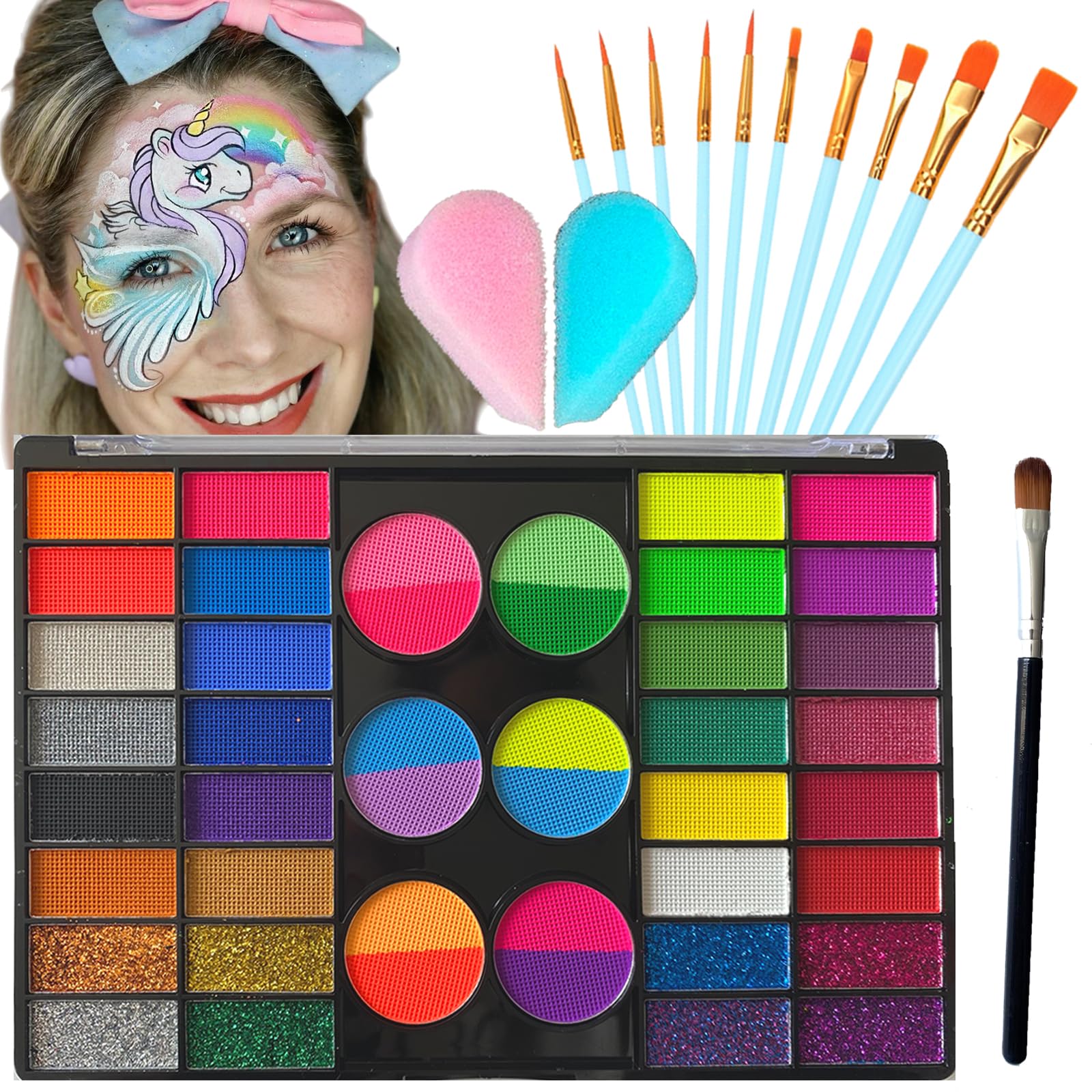 Face Painting Kit for Kids, 42 Colors Professional Face Paint Makeup Kit Non-Toxic Water Activated Facepaint Palette with Brush, Stencil, Sponge, Gem, for Party Halloween Christmas (42 Colors)