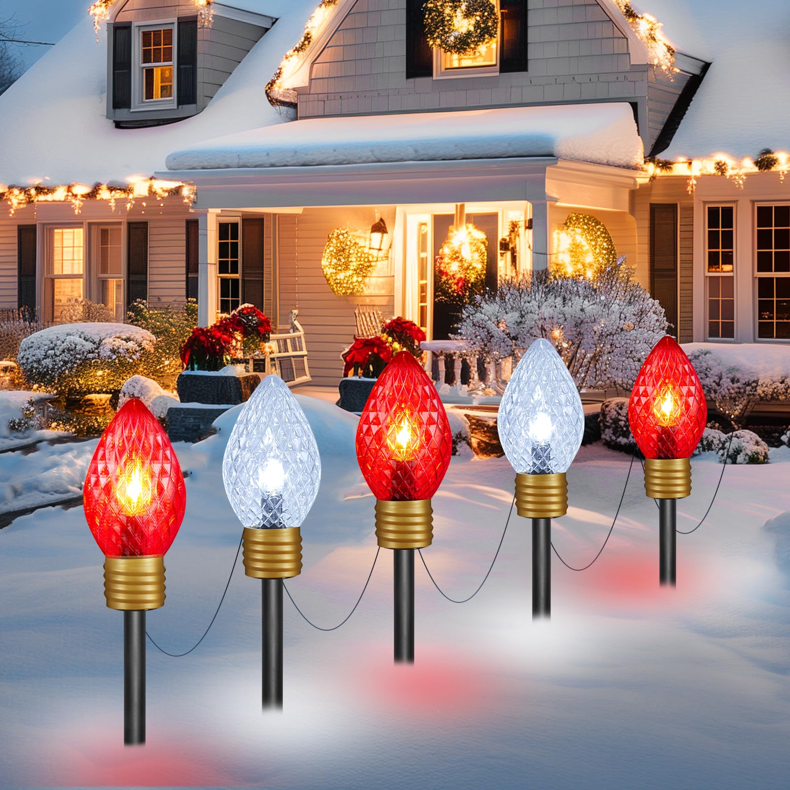 Jumbo C9 Christmas Pathway Lights Outdoor - 8.5 Feet 5 LED C9 Walkway Light, C7 Light Covered Jumbo Multicolor Bulb Christmas Lights Outdoor Decorations for Lawn Holiday Outside Yard Garden
