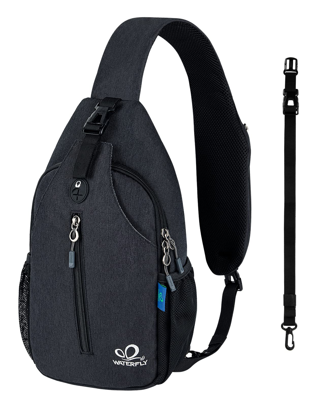 WATERFLY Crossbody Sling Backpack Sling Bag Travel Hiking Chest Bag Daypack (Black)