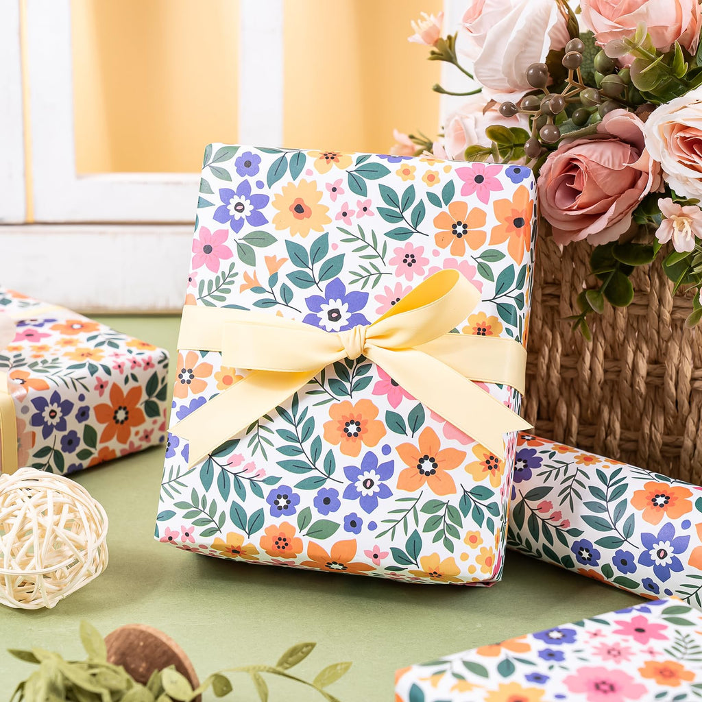 WRAPAHOLIC Kraft Floral Wrapping Paper Roll - Mini Roll - 17 Inch x 9.8 Feet - Spring Summer Garden Flower Design Perfect for Wedding, Bridal Shower, Birthday