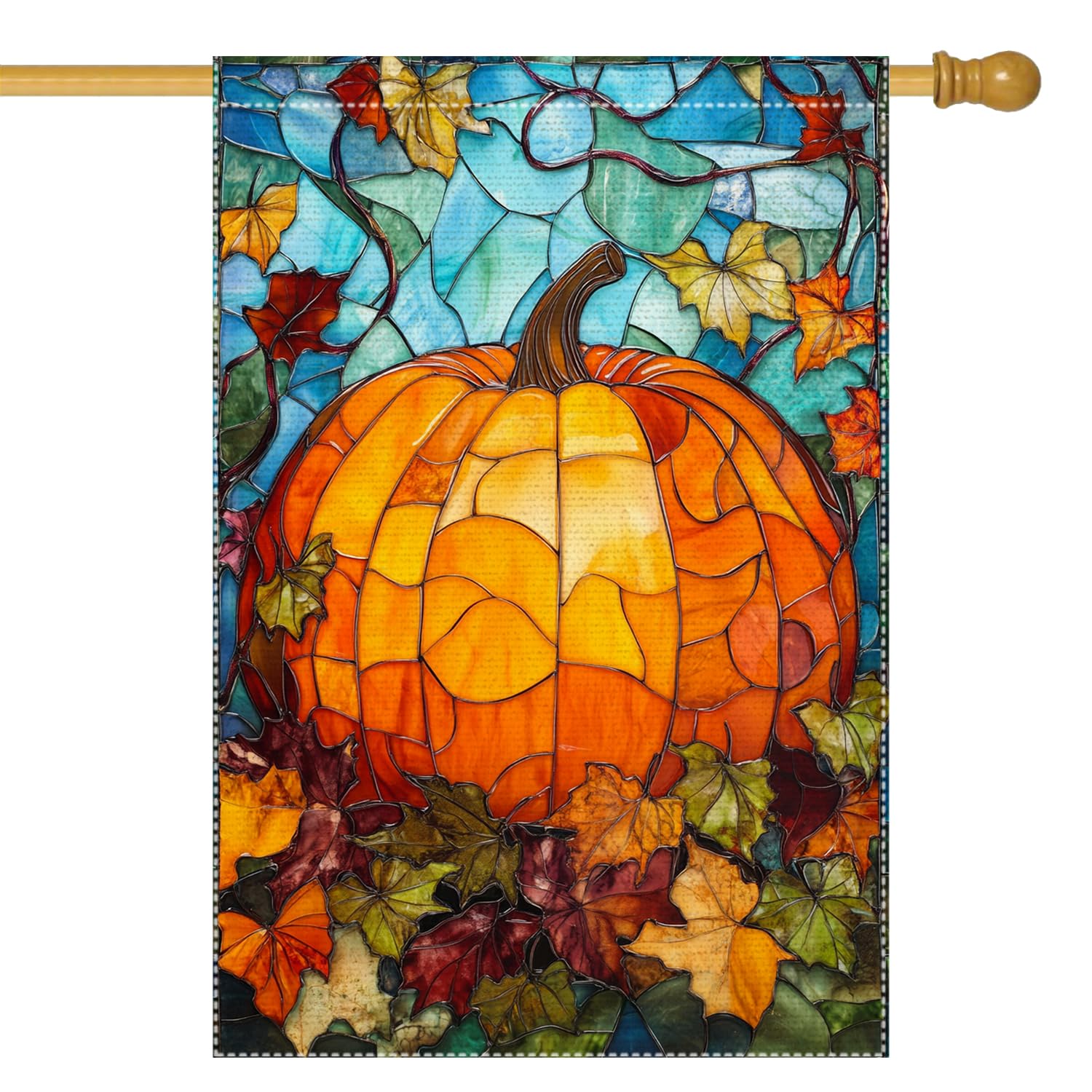 Fall Garden Flag For Outdoor Decor Thanksgiving Garden Flags Autumn Stained Glass Pumpkin Maple Leaf Double Sided Small Burlap Outside Porch Lawn Yard Flags Decorations 12.5x18 Inch