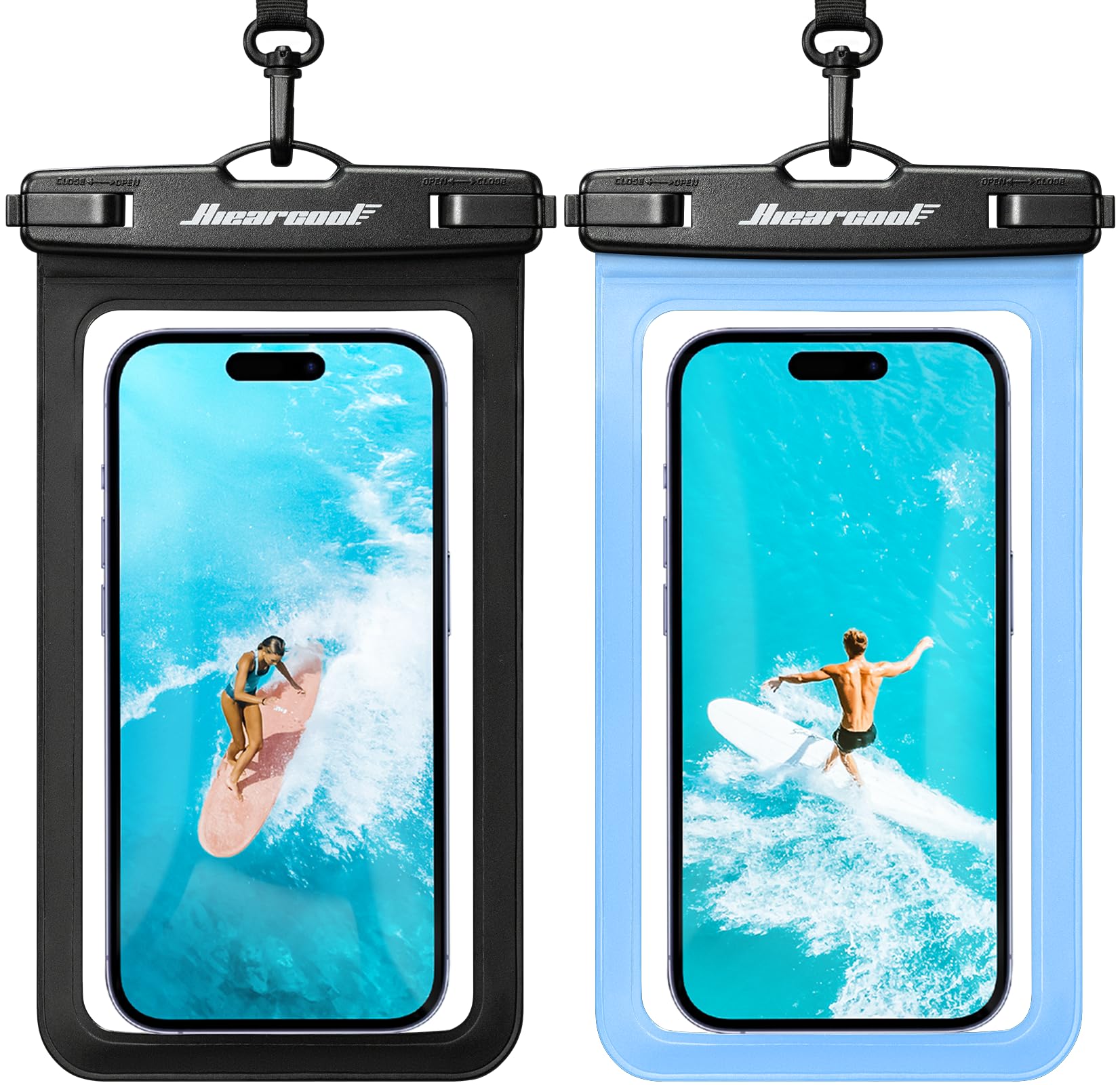 Hiearcool Waterproof Phone Pouch, IPX8 Waterproof Phone Case for iPhone 17/16/15/14 Pro Max, Cell Phone Dry Bag for Beach & Cruise Essentials, Touch Screen, Lanyard Included, 2 Pack (Fits Up to 8.9”)