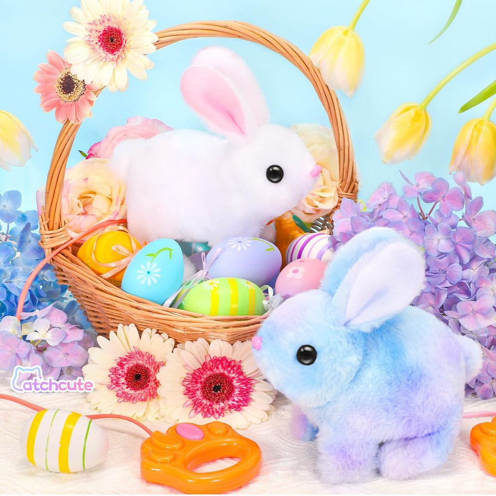 CatchCute Easter Plush Bunny Toys for Kids,Interactive Bunny with Sounds,Can Walk,Wag Tail and Twitch Nose with Remote Control Leash,Easter Eggs with Pull Back Cars,Easter Birthday Gift for Toddlers