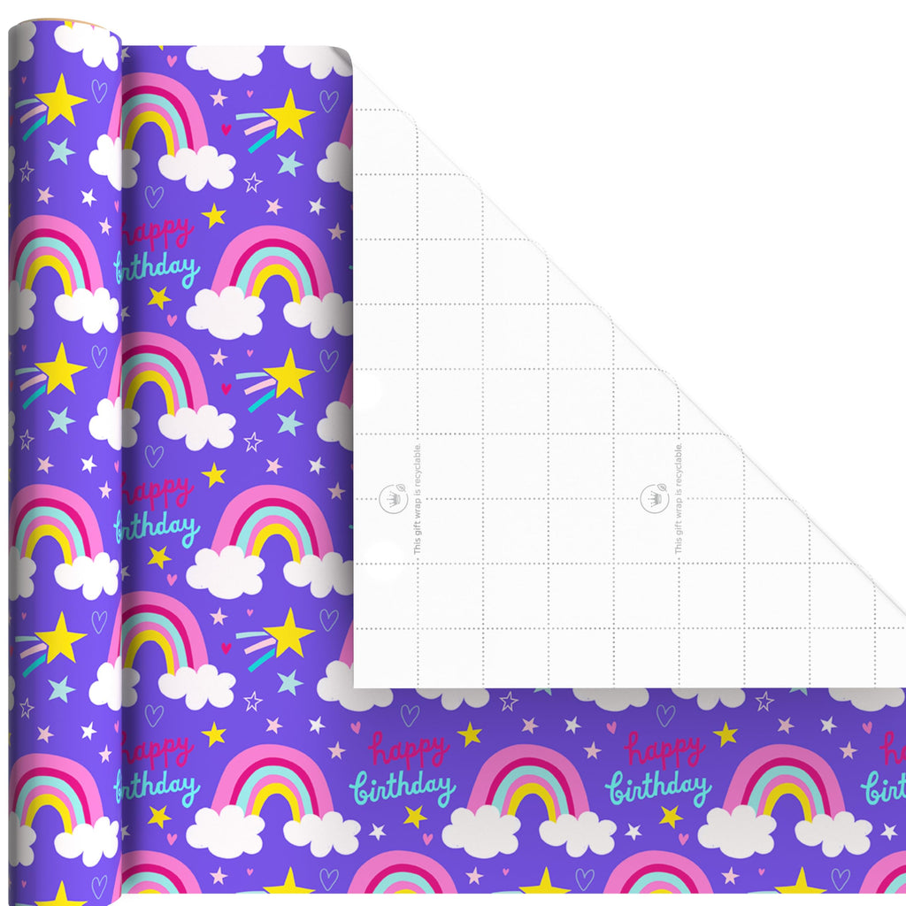 Hallmark Kids Birthday Wrapping Paper Mini Rolls, 3-Pack (Unicorns, Rainbows on Purple, Pink with White Polka Dots) for Birthday Parties, Easter, Baby Showers, Any Occasion - 60 Sq. Ft. Total