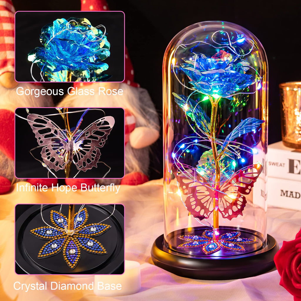 Pusuny Mothers Day Flowers Gifts for Mom Women Birthday Gift Galaxy Glass Rose Forever Eternal Crystal Flowers Rose in Glass Dome with Butterfly Mother's Day Roses Gifts for Mom Daughter Wife Purple