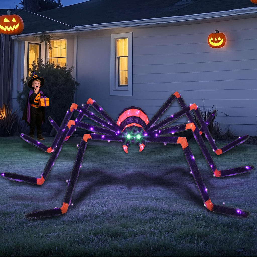 Halloween Decorations Outside Giant Spider - HOYECHI Outdoor Halloween Decor Lighted Spider 4.2FT, Light Up Spider with 90 LED Lights, Ground Stakes, for Front Yard Porch Gardens Lawns Party