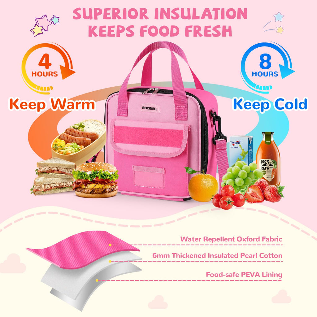 REDSHELL Tactical Lunch Box Kids, Large Insulated Lunch Bag for Girls, Cooler Lunchbag, Square Toddler Lunchbox, School Daycare Lunch Tote Pail with Water Bottle Holder Shoulder Strap, Purple
