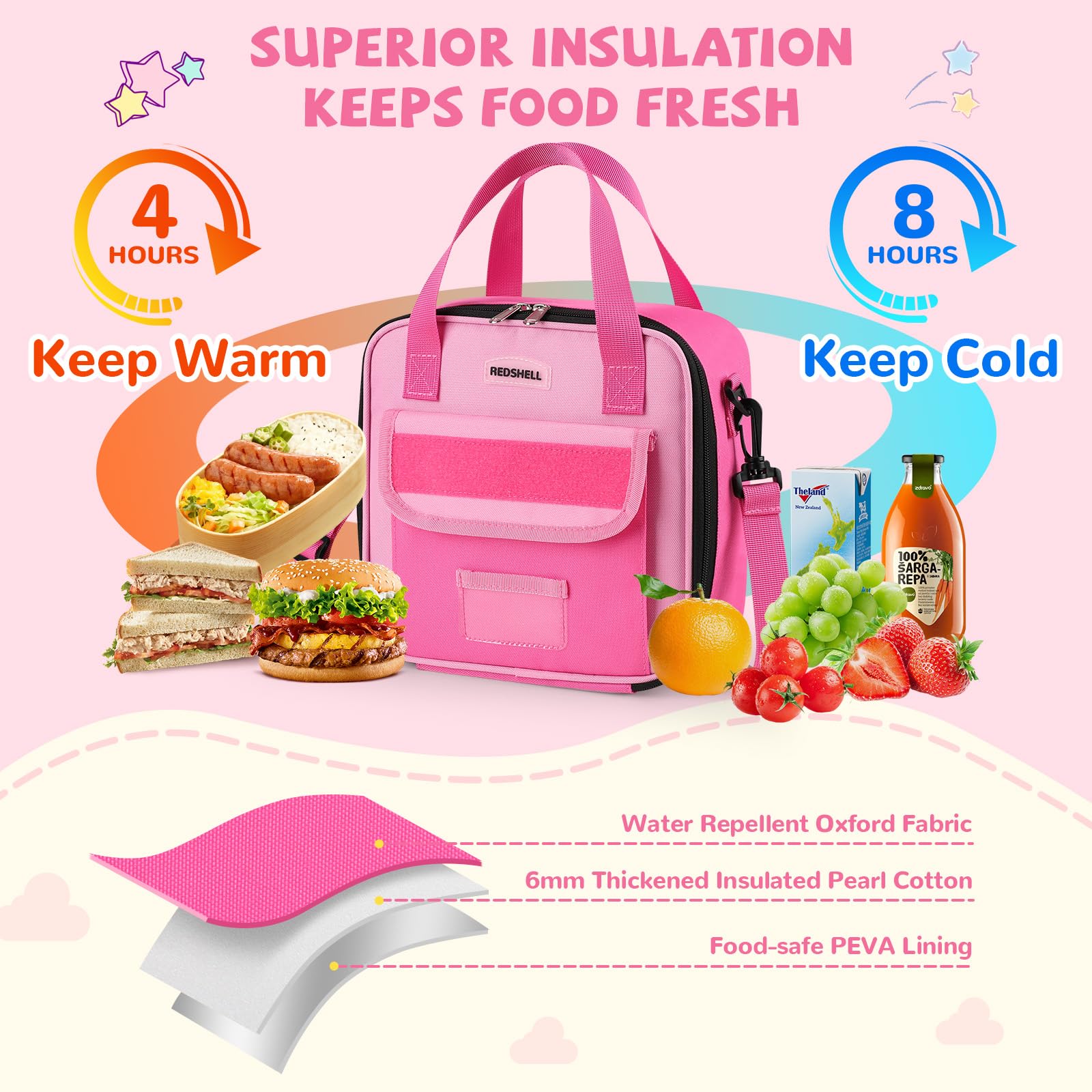 REDSHELL Tactical Lunch Box Kids, Large Insulated Lunch Bag for Girls, Cooler Lunchbag, Square Toddler Lunchbox, School Daycare Lunch Tote Pail with Water Bottle Holder Shoulder Strap, Purple