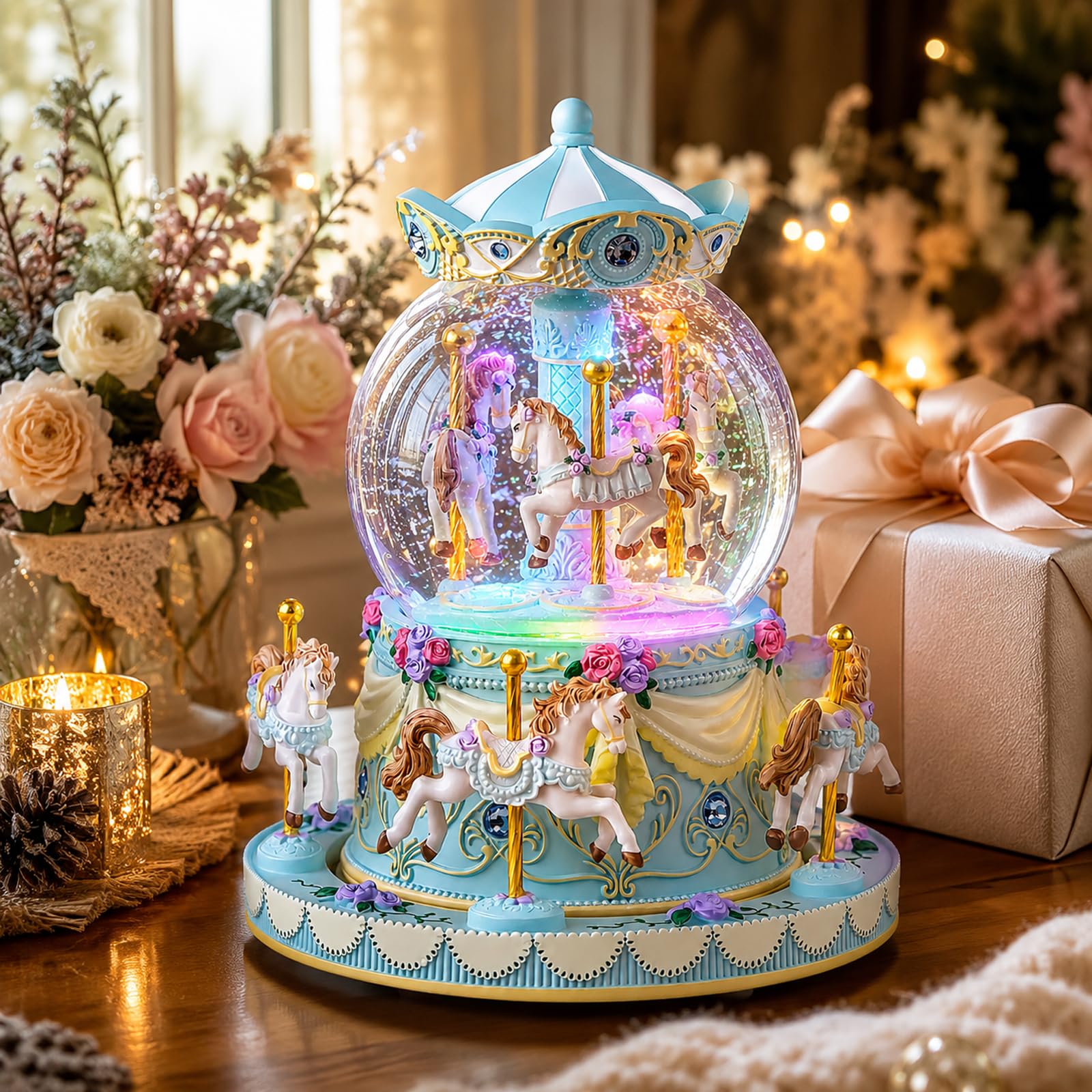 Blue Carousel Snow Globe Music Box with LED Lights, Rotating Horse Merry Go Round, Wind Up Musical Snow Globe Plays You are My Sunshine, Gift for Daughter Granddaughter Mom Women