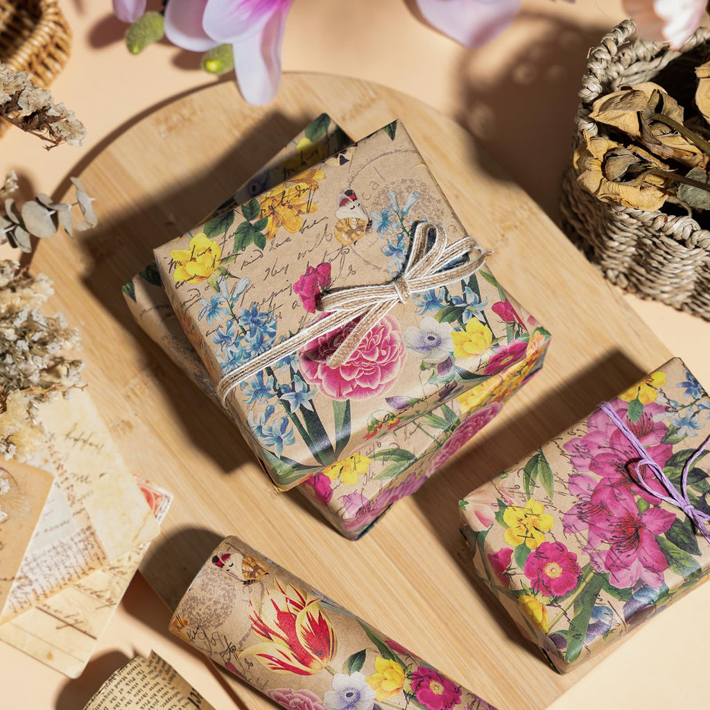 WRAPAHOLIC Kraft Floral Wrapping Paper Roll - Mini Roll - 17 Inch x 9.8 Feet - Spring Summer Garden Flower Design Perfect for Wedding, Bridal Shower, Birthday