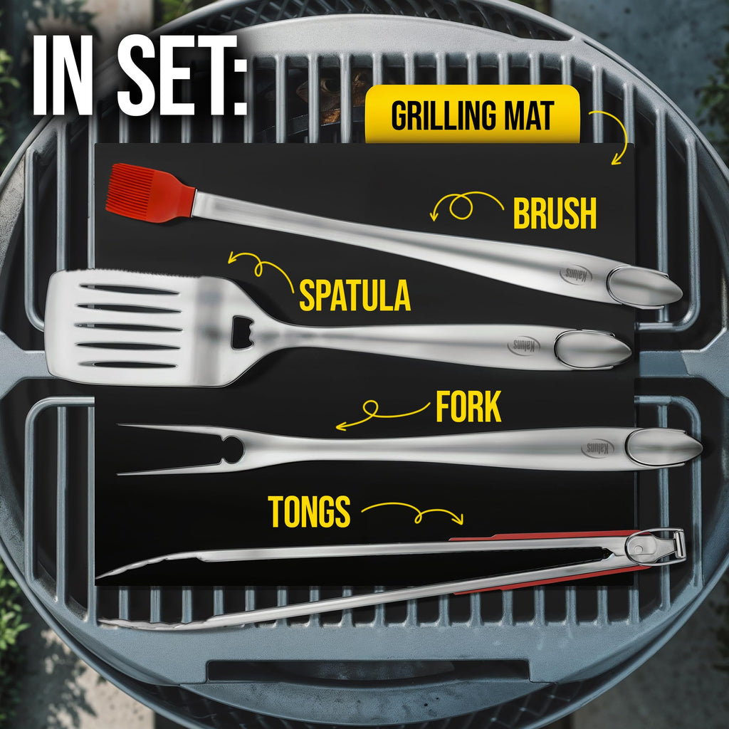 Kaluns Grilling Accessories, Dad Gifts for Fathers Day, Grilling Gifts, Heavy Duty Stainless Steel BBQ Tool Set for Outdoor Grill with Aluminum Case and Apron, Birthday Gifts for Men Women