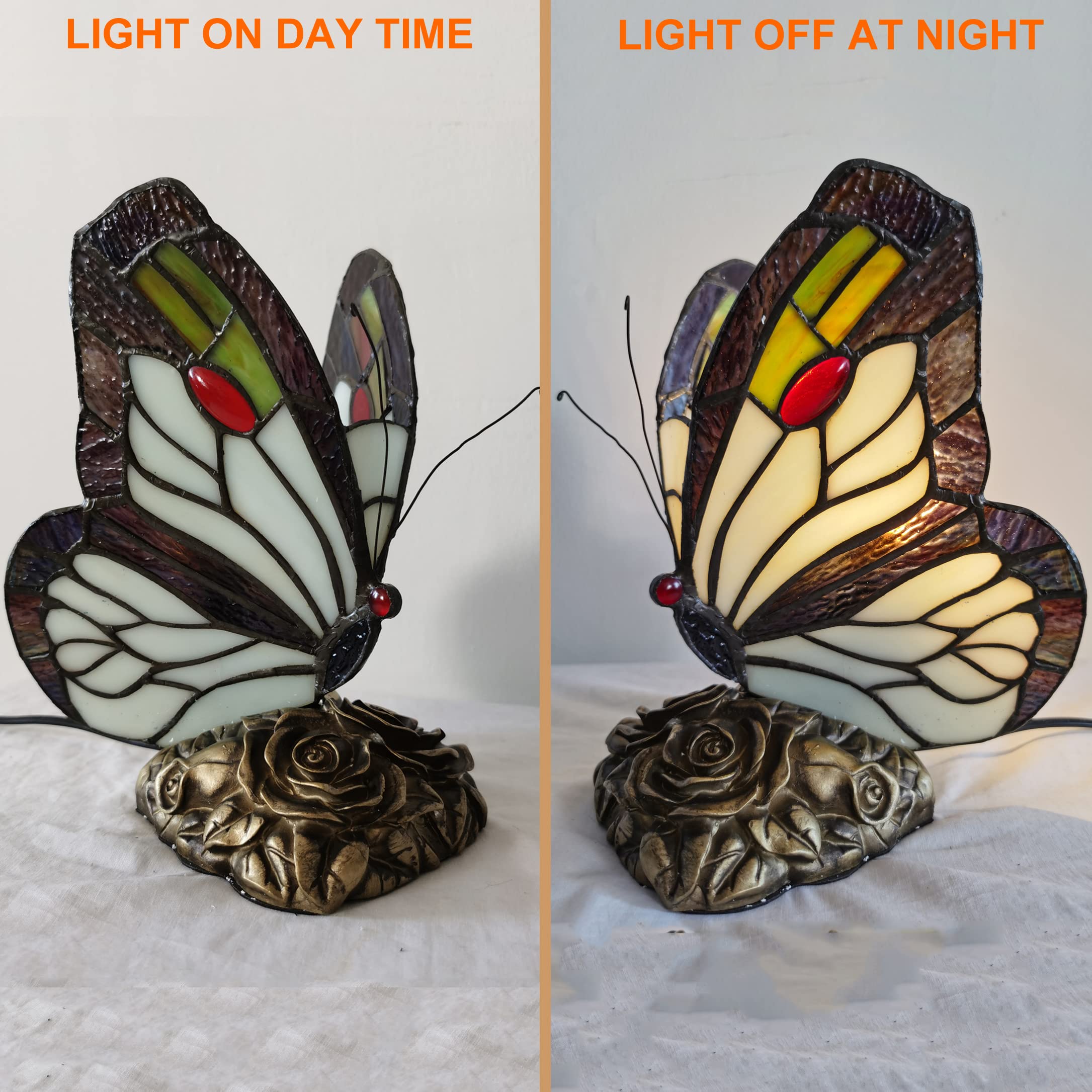 Bedside Table Lamp LED Tiffany Blue Fairy Butterfly Nightstand Table Lamps Stained Glass Shade ON Off Switch Home Office Desk Lamp Night Light Girl Grandma Mothers Day Gifts W/Gift Box