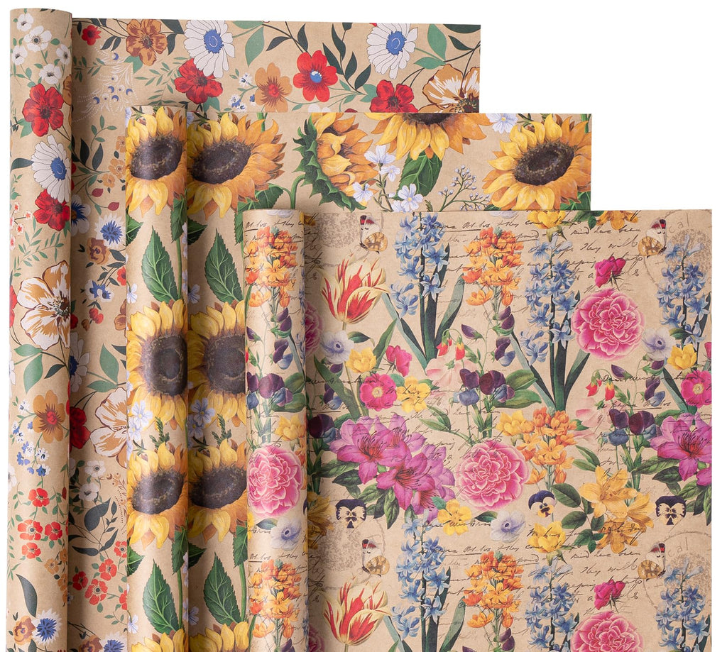 WRAPAHOLIC Kraft Floral Wrapping Paper Roll - Mini Roll - 17 Inch x 9.8 Feet - Spring Summer Garden Flower Design Perfect for Wedding, Bridal Shower, Birthday