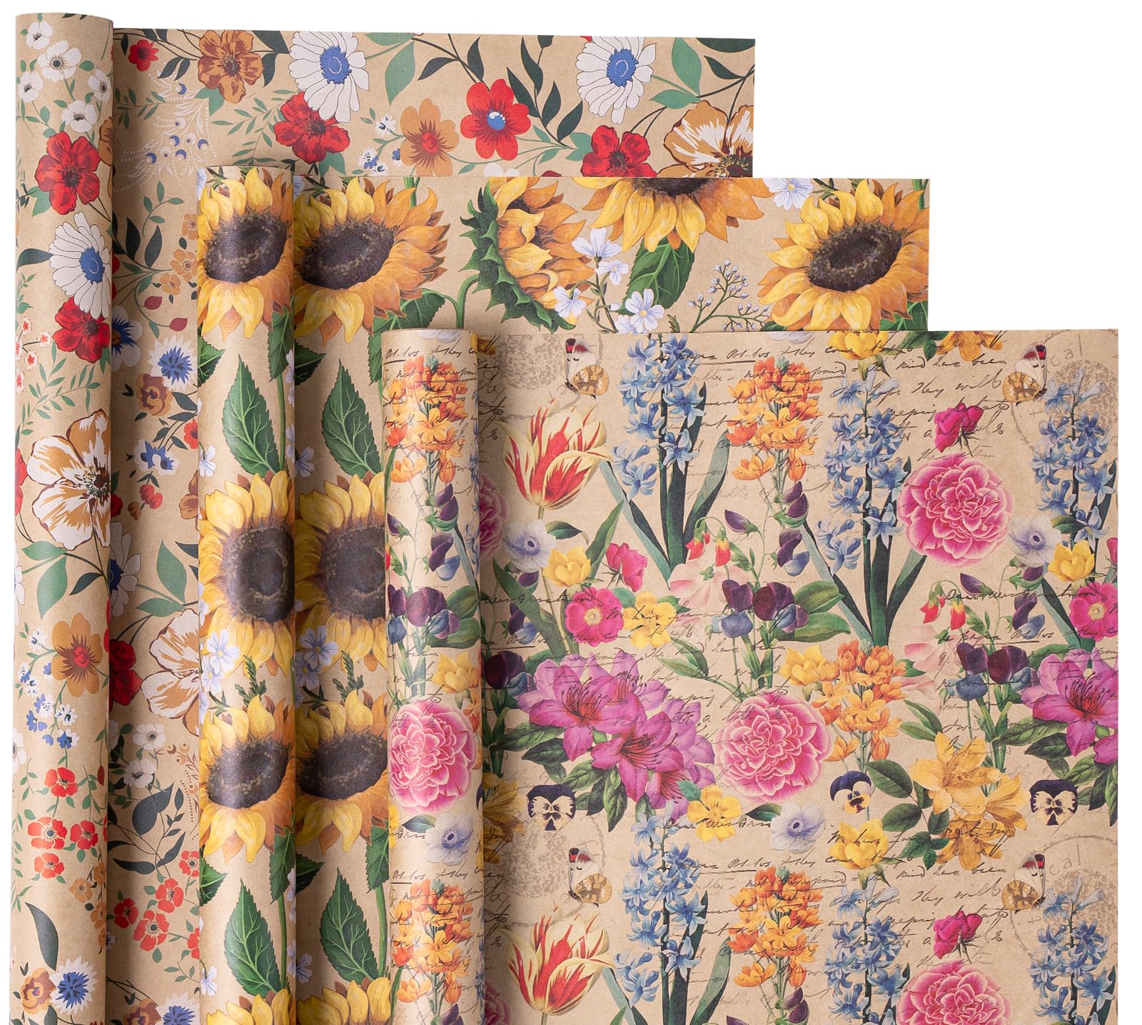 WRAPAHOLIC Kraft Floral Wrapping Paper Roll - Mini Roll - 17 Inch x 9.8 Feet - Spring Summer Garden Flower Design Perfect for Wedding, Bridal Shower, Birthday