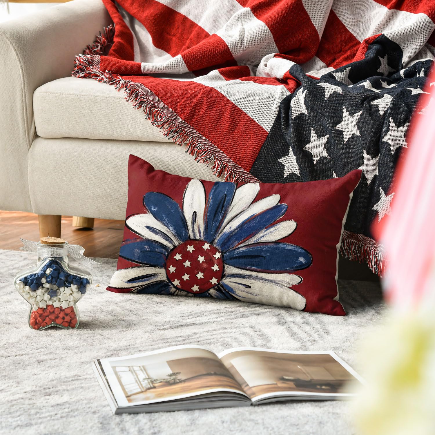 AVOIN colorlife Let Freedom Ring Stars Fireworks Flower Red Throw Pillow Covers, 12 x 20 Inch 4th of July Patriotic Independence Memorial Day USA Flag Cushion Case for Sofa Couch Set of 4