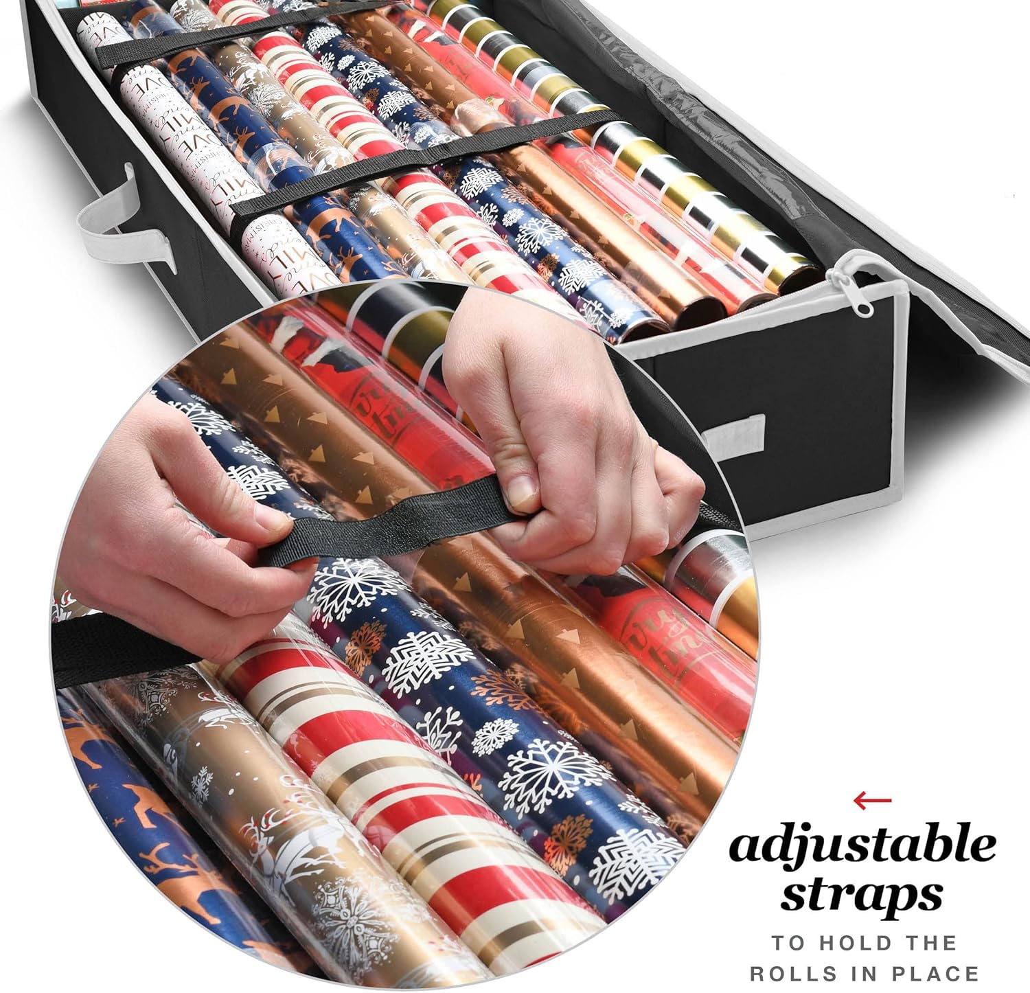 Premium Wrapping Paper Organizer Storage | Gift Wrap Holder With Extra Pockets for Christmas Decorations, Reinforced Handles, Heavy Duty, Ultra-Durable, Tear-Proof Fabric - Fits Up to 27 Rolls (Red)