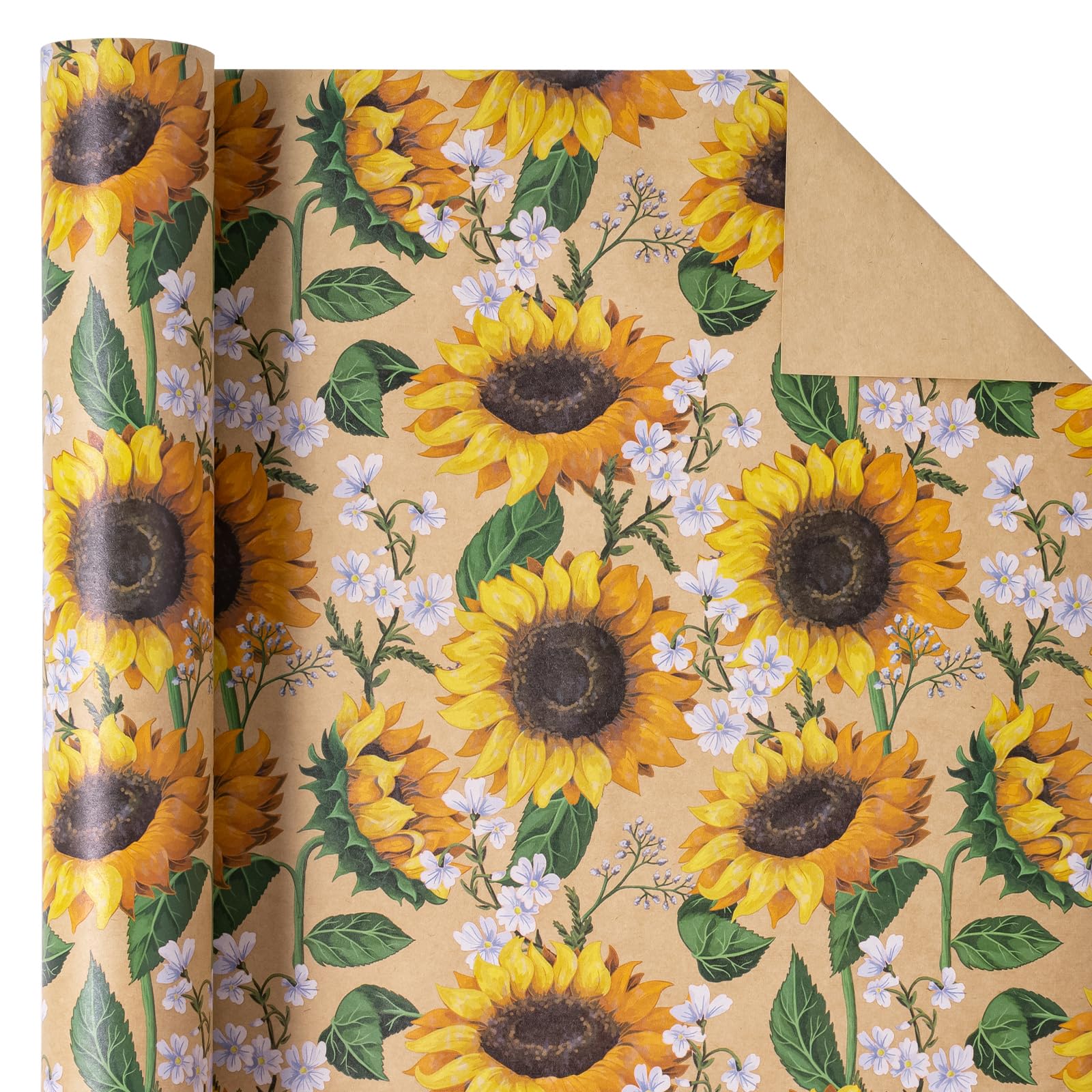 WRAPAHOLIC Kraft Floral Wrapping Paper Roll - Mini Roll - 17 Inch x 9.8 Feet - Spring Summer Garden Flower Design Perfect for Wedding, Bridal Shower, Birthday