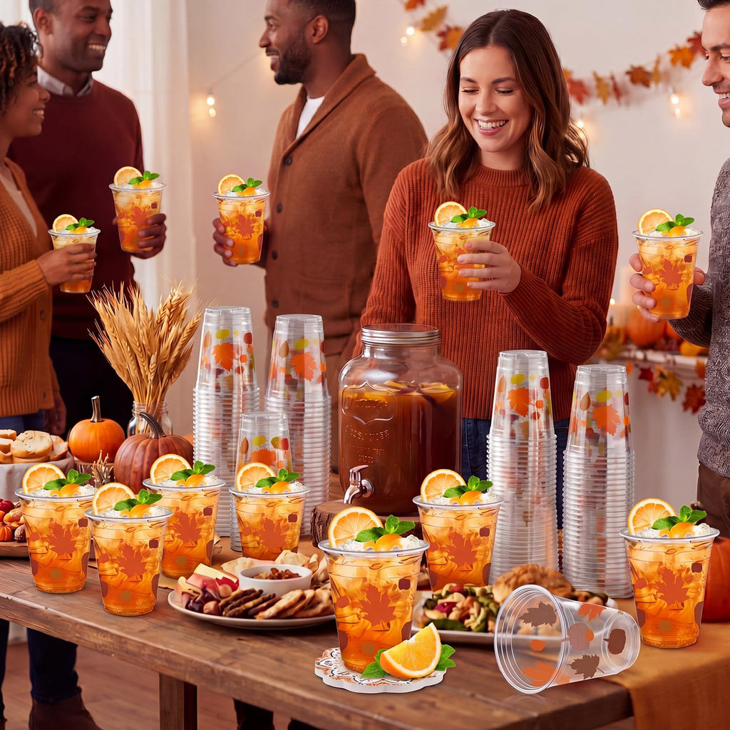 Uiifan 45 Pcs Fall Pumpkin Cups Bulk 16oz Fall Party Supplies Thanksgiving Disposable Plastic Drinking Cups Pumpkin Maple Leaf Decoration for Autumn Harvest Wedding Party Supplies