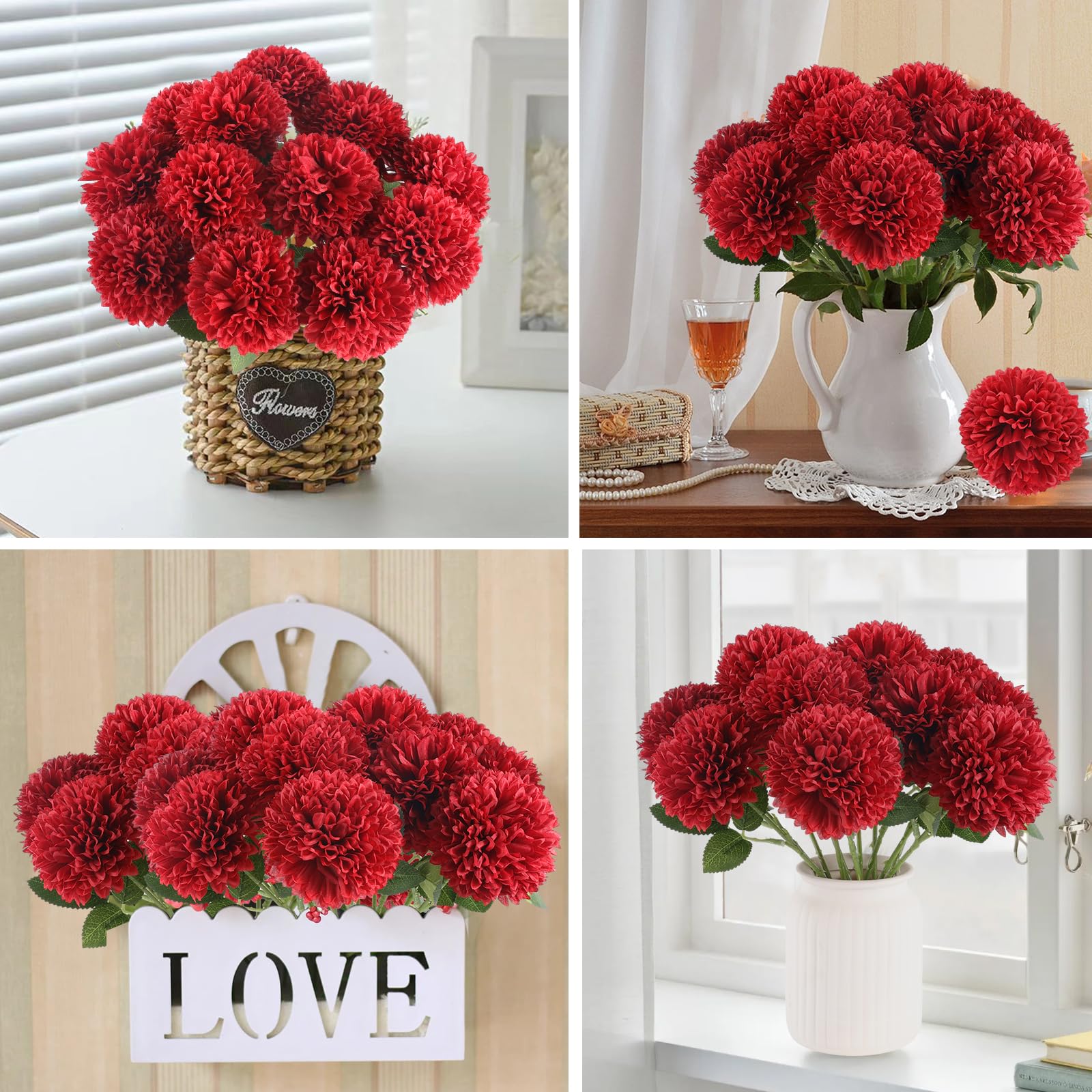 Hananona 12 Pcs Artificial Chrysanthemums Flowers Patriotic Flower, 4th of July Fake Mums Flowers Silk for Home Decor Indoor Memorial Day Table Centerpiece Vase not Included (12, Red, White, Blue)