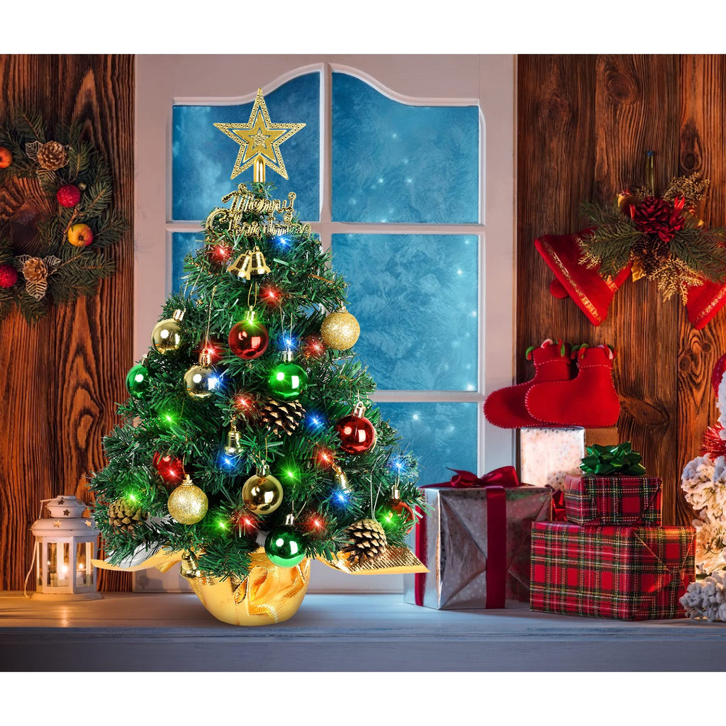 Tabletop Christmas Tree 21.65 Inch Mini Artificial Christmas Tree with 20 LED String Lights, Star Tree, Pine Cones Ornaments, Small Xmas Tree for Holiday Indoor DIY Christmas Decor