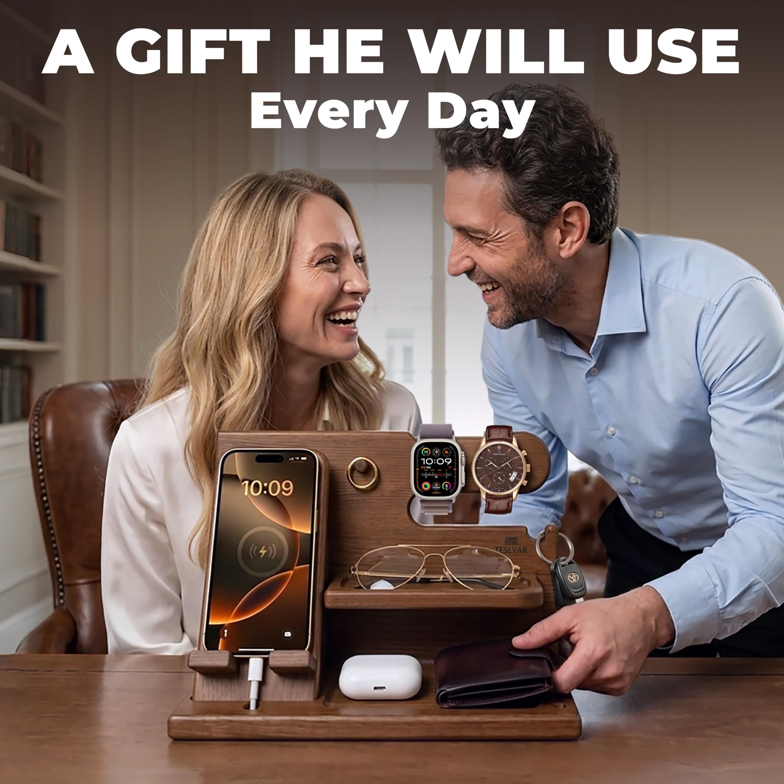 TESLYAR Wood Phone Docking Station for Men - Desk or Nightstand Organizer - Birthday Gifts for Husband, Dad - Anniversary Idea from Wife - Key Holder, Stand Wallet, Watch & Essentials (Bourbon Brown)