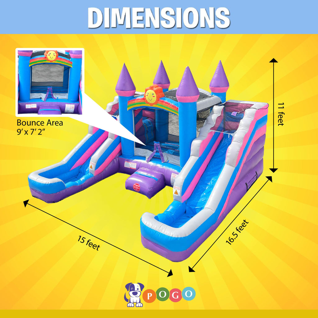 Crossover Tropical Double Water Slide Bounce House Combo, 16.5 x 15 x 11 Foot, PVC Vinyl Inflatable Bouncy House for Kids, Wet or Dry Slides, with Stakes, Storage Bag and 1 HP Blower