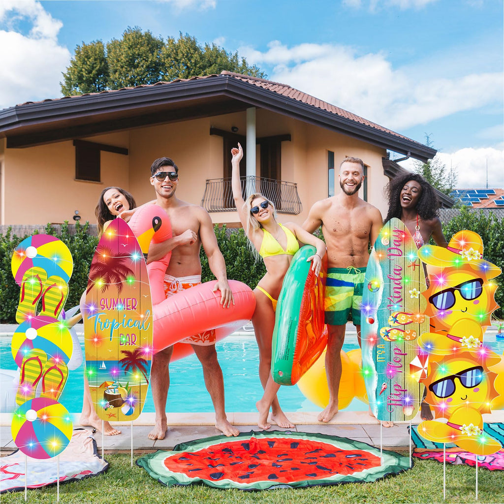 Bencailor 4 Pcs Summer Outdoor Yard Decoration Summer Beach Pool Yard Signs with Stakes LED Hawaiian Themed Party Supplies Beach Ball Surfboard Slipper Decor for Outdoor Lawn Garden Patio