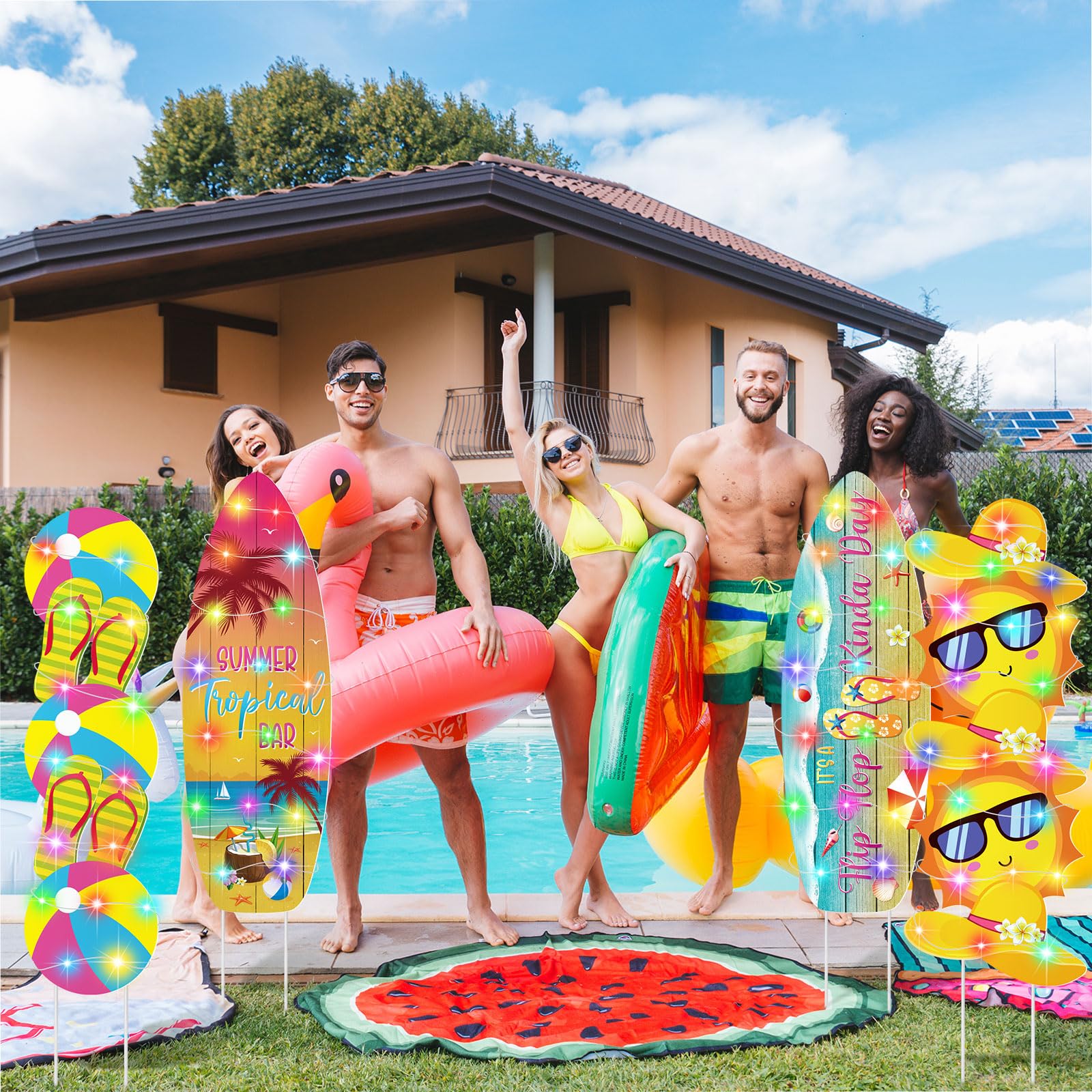 Bencailor 4 Pcs Summer Outdoor Yard Decoration Summer Beach Pool Yard Signs with Stakes LED Hawaiian Themed Party Supplies Beach Ball Surfboard Slipper Decor for Outdoor Lawn Garden Patio