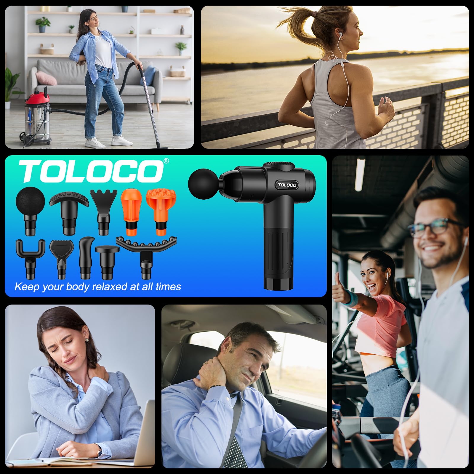 TOLOCO Massage Gun, Deep Tissue Back Massage for Athletes for Pain Relief, Percussion Massager with 10 Massages Heads & Silent Brushless Motor, Fathers Day Dad Gifts, Black