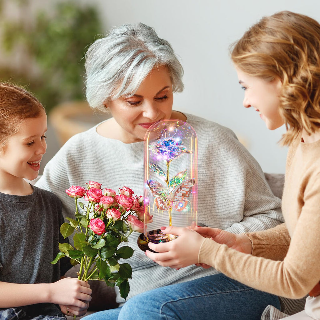 Pusuny Mothers Day Flowers Gifts for Mom Women Birthday Gift Galaxy Glass Rose Forever Eternal Crystal Flowers Rose in Glass Dome with Butterfly Mother's Day Roses Gifts for Mom Daughter Wife Purple