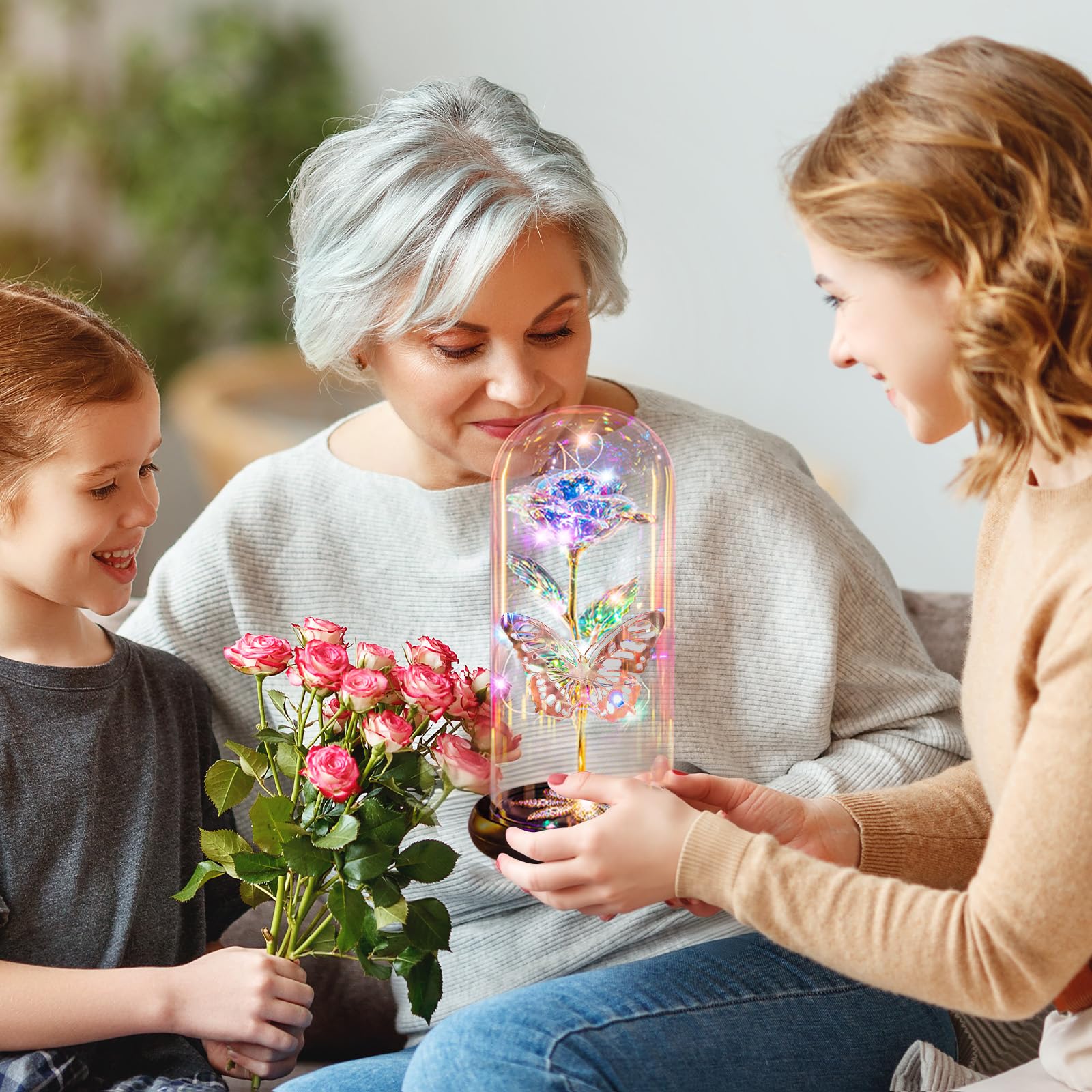 Pusuny Mothers Day Flowers Gifts for Mom Women Birthday Gift Galaxy Glass Rose Forever Eternal Crystal Flowers Rose in Glass Dome with Butterfly Mother's Day Roses Gifts for Mom Daughter Wife Purple