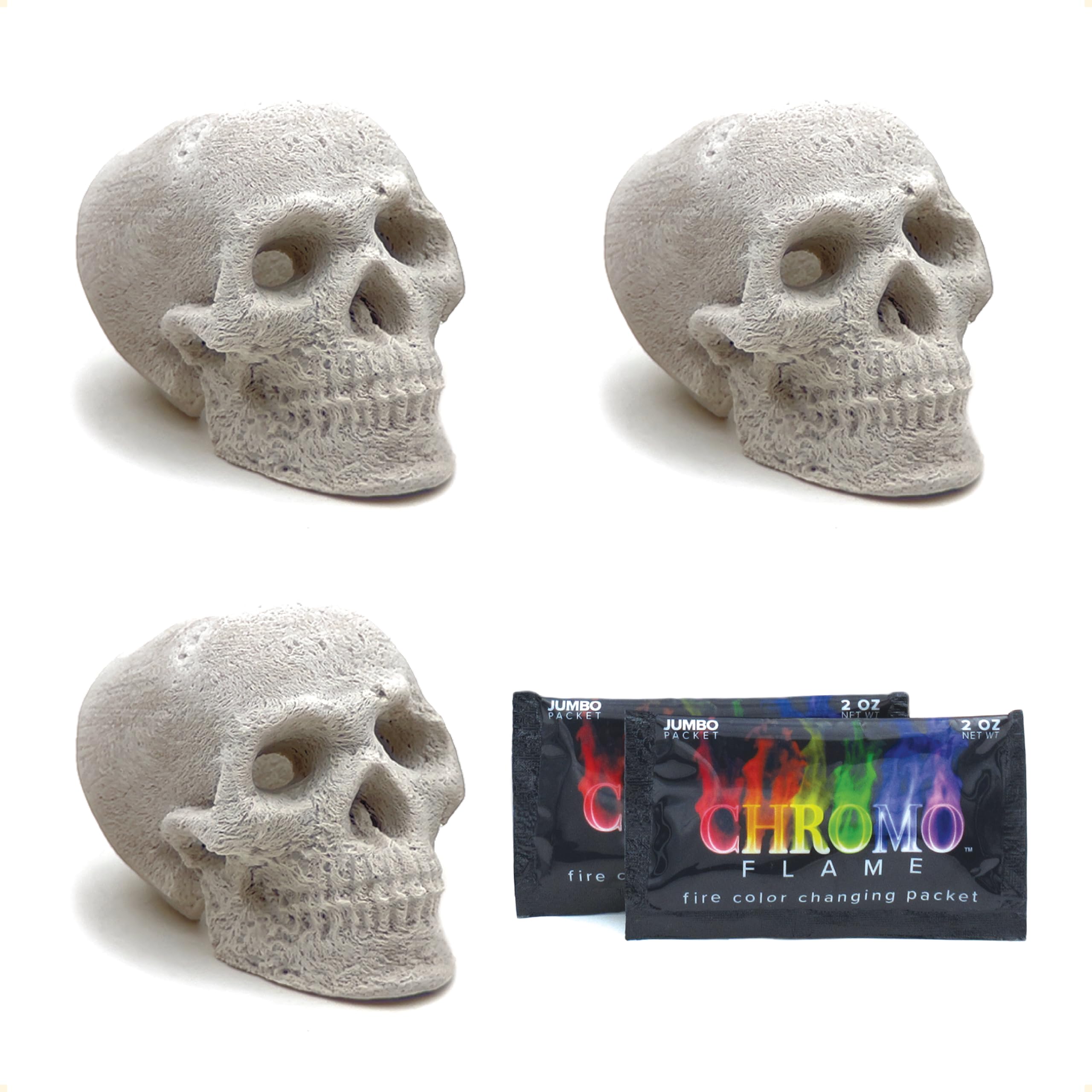 OSKER Fire Pit Skull with Fire Color Changing Packets | Ceramic Fireproof Log for Bonfire, Campfire, Fireplace, Firepit | Halloween Decor | Gas, Propane, or Wood Fires | 9 Inch - Light Beige