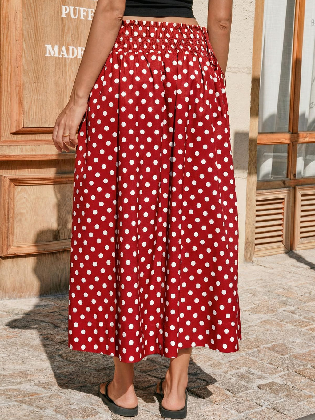 Tankaneo Womens Polka Dot Maxi Skirts Boho Smocked High Waisted Tie Skirt Casual Beach Vacation Dress