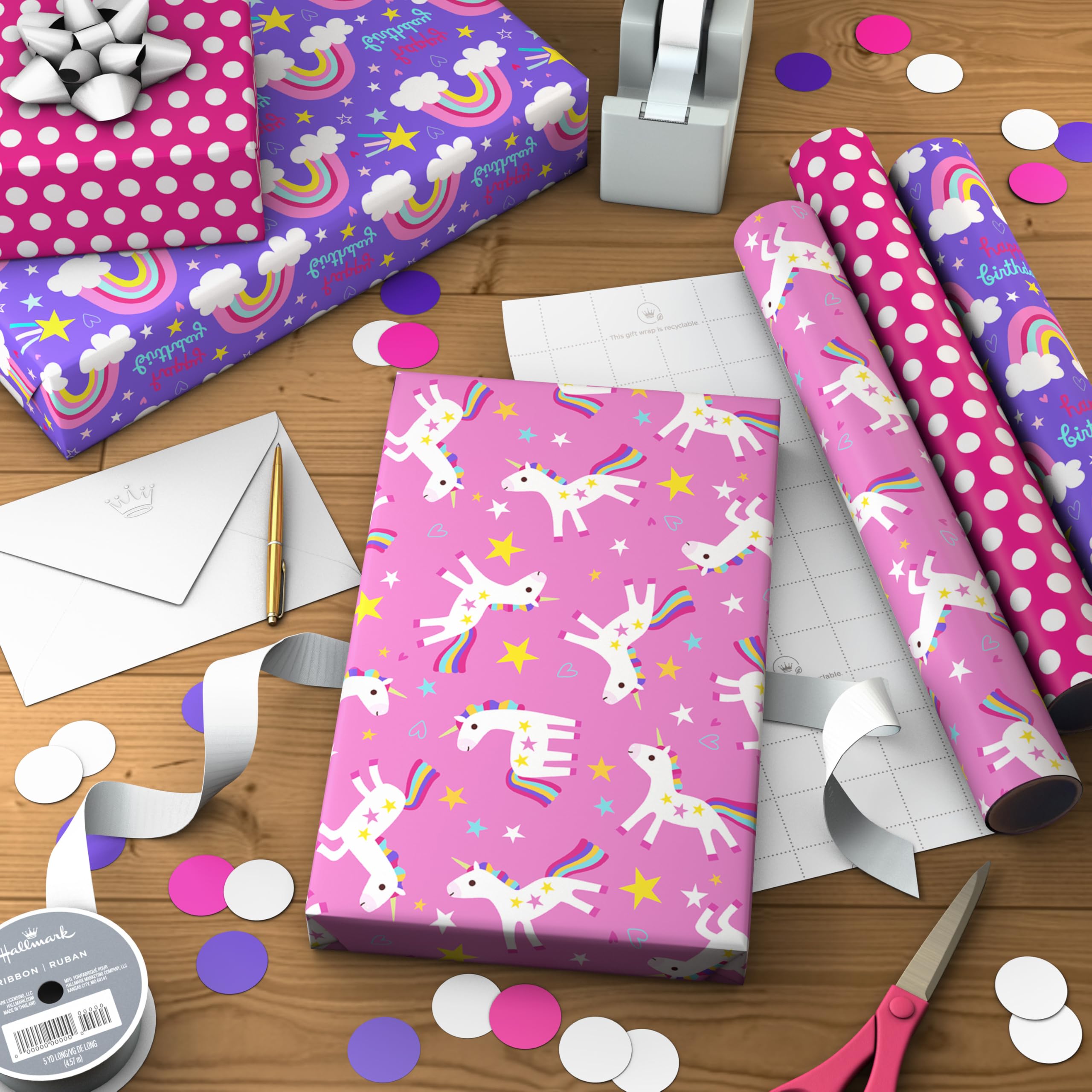 Hallmark Kids Birthday Wrapping Paper Mini Rolls, 3-Pack (Unicorns, Rainbows on Purple, Pink with White Polka Dots) for Birthday Parties, Easter, Baby Showers, Any Occasion - 60 Sq. Ft. Total