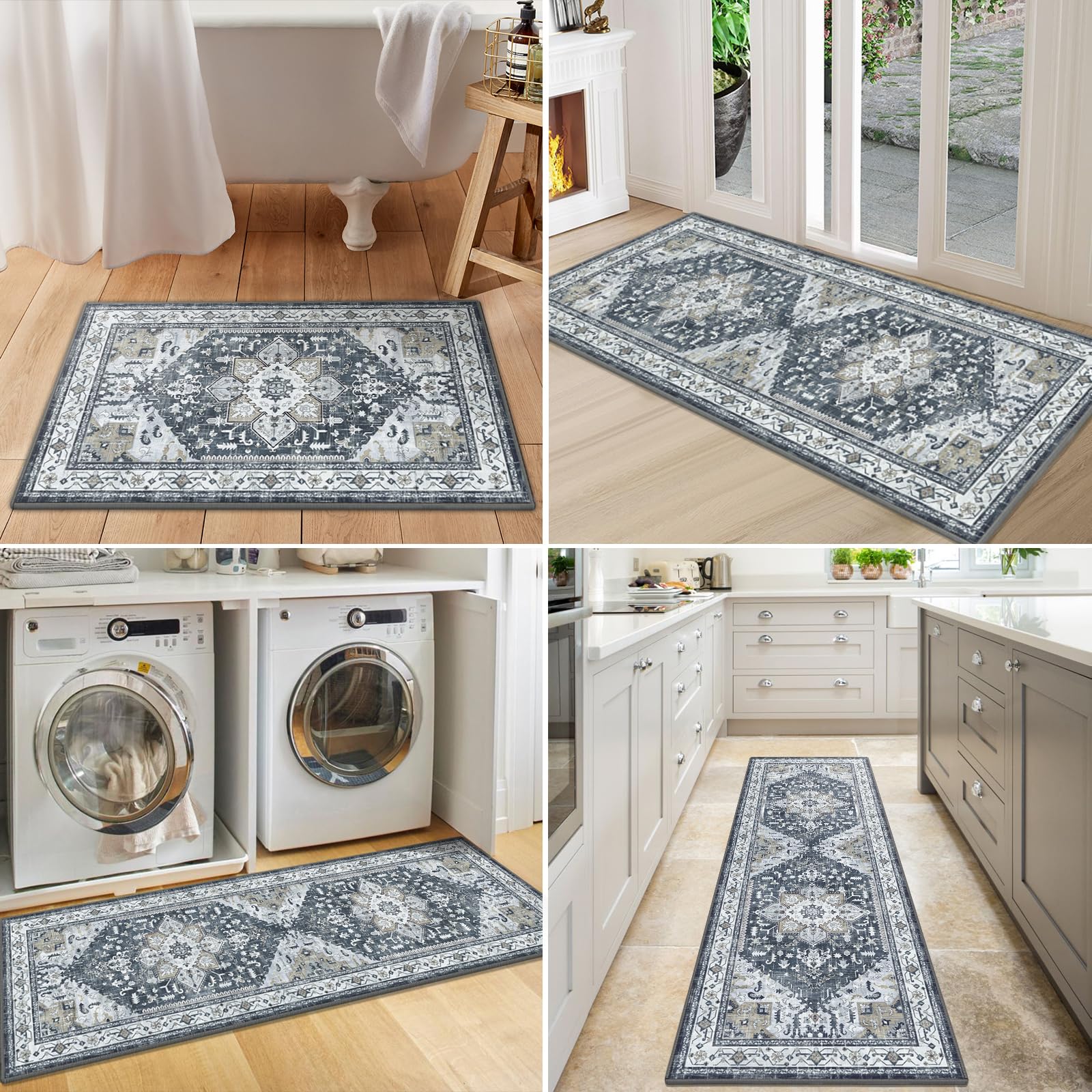 Yamaziot Christmas Kitchen Rugs Sets of 3, Non Slip Kitchen Mats for Floor with Rubber Backing, Holiday Christmas Snowflake Runner Rug Decor Home Decorations for Kitchen, Laundry Room, Hallway